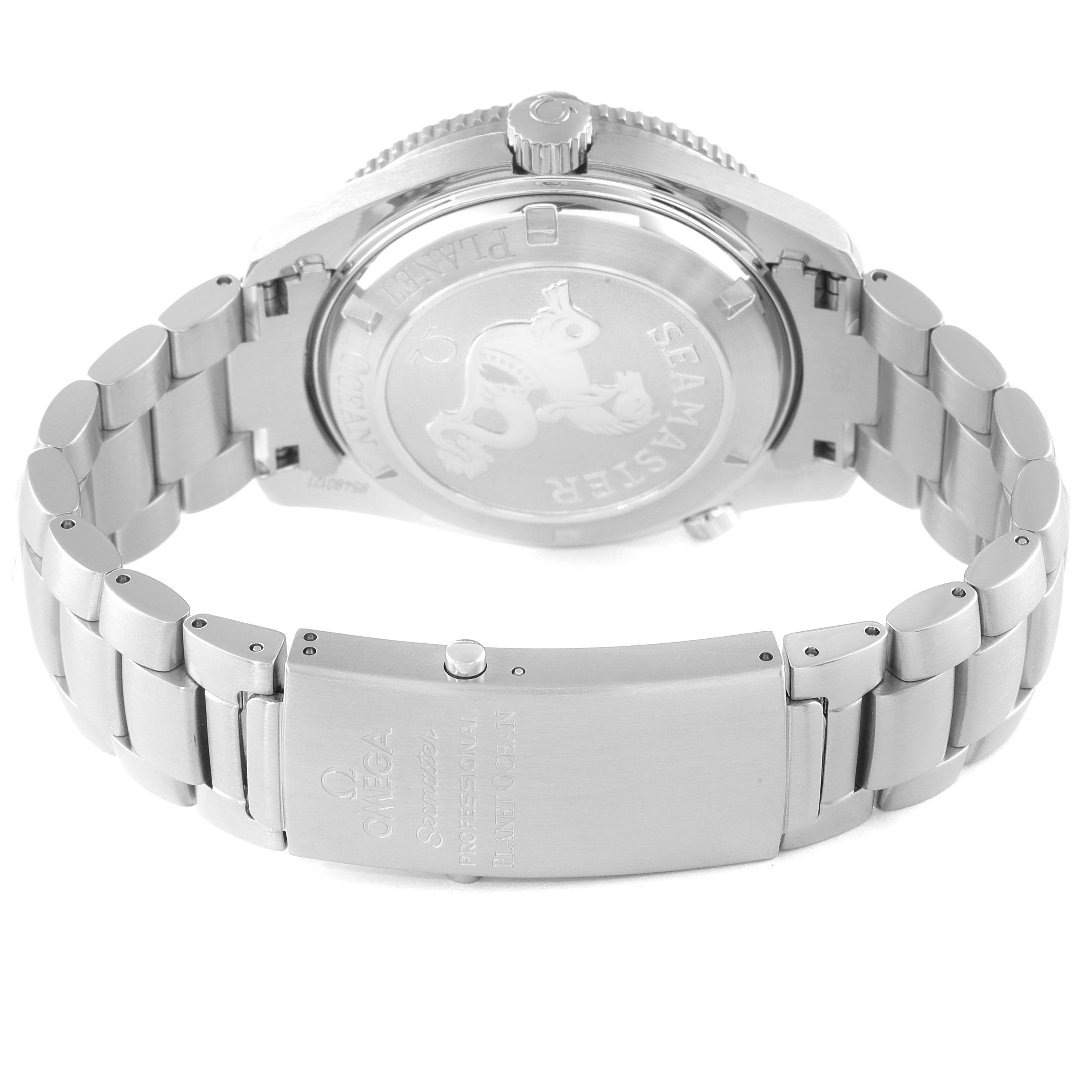 This image shows the back and clasp of an Omega Planet Ocean 2209.50.00 Men's Stainless Steel Black Dial 2209.50.00 Men's Stainless Steel Black Dial watch with a stainless steel bracelet.