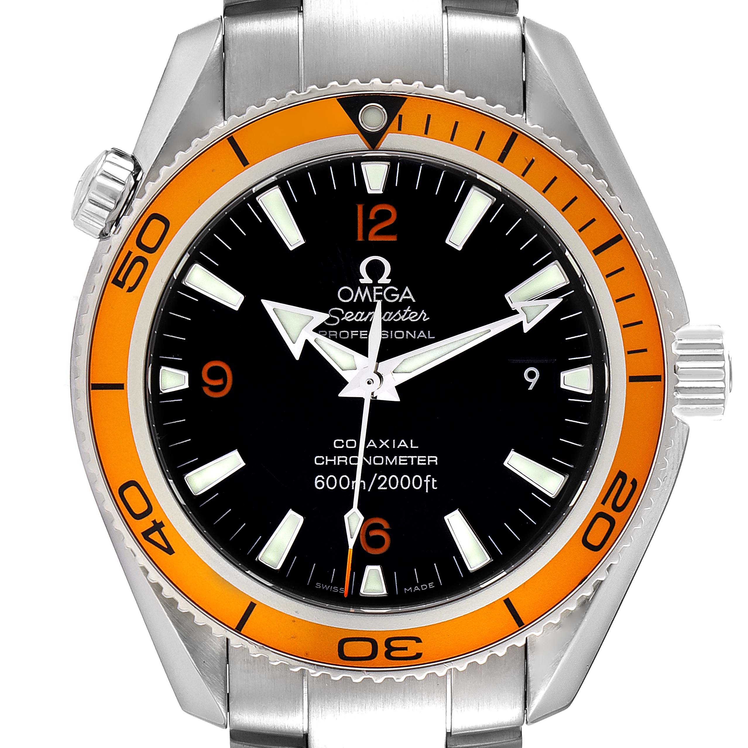 The Omega Planet Ocean 2209.50.00 Men's Stainless Steel Black Dial 2209.50.00 Men's Stainless Steel Black Dial watch is shown from the front, displaying the dial, hands, bezel, and part of the bracelet.