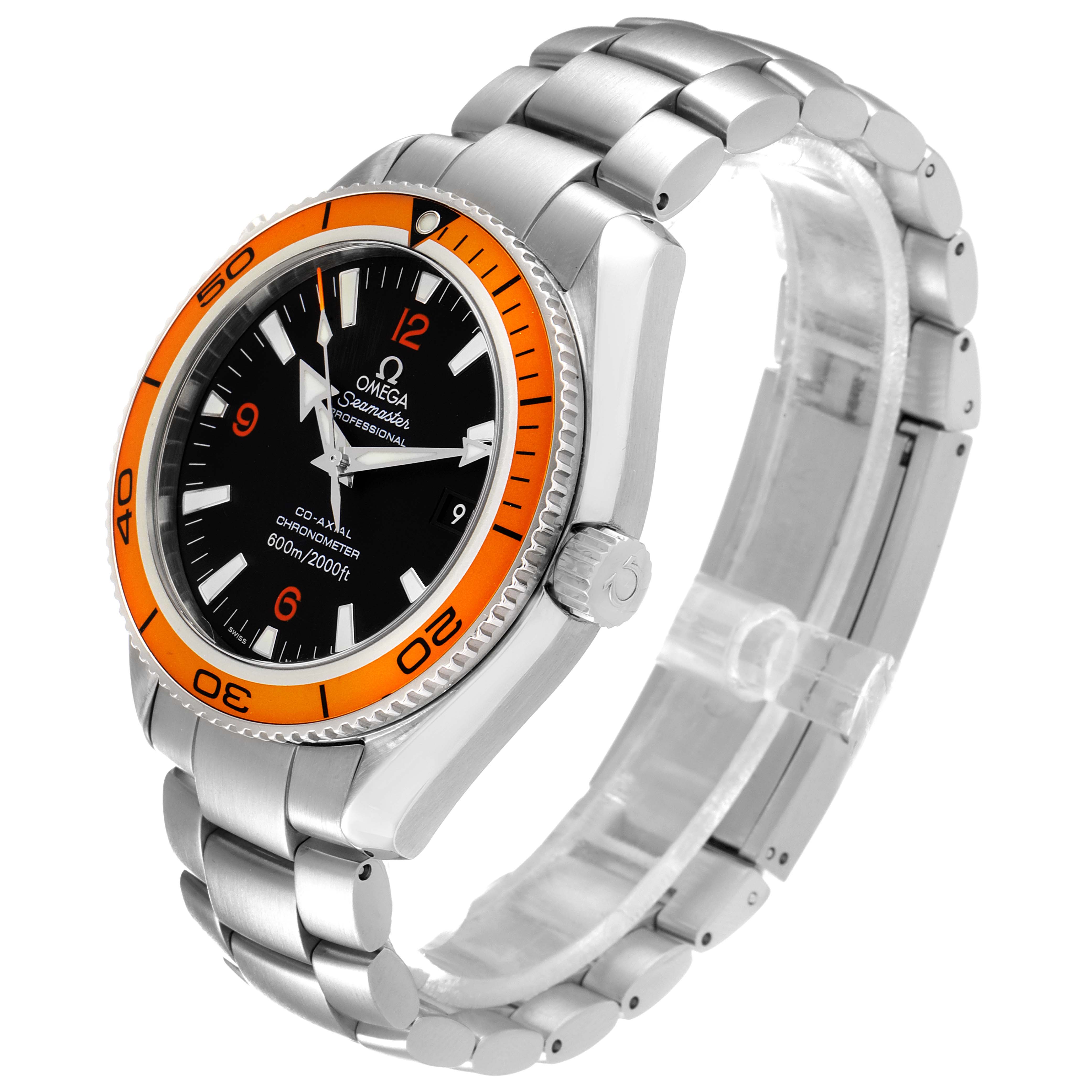 The image shows a side angle of the Omega Planet Ocean 2209.50.00 Men's Stainless Steel Black Dial 2209.50.00 Men's Stainless Steel Black Dial watch, highlighting its bracelet, crown, and orange bezel.