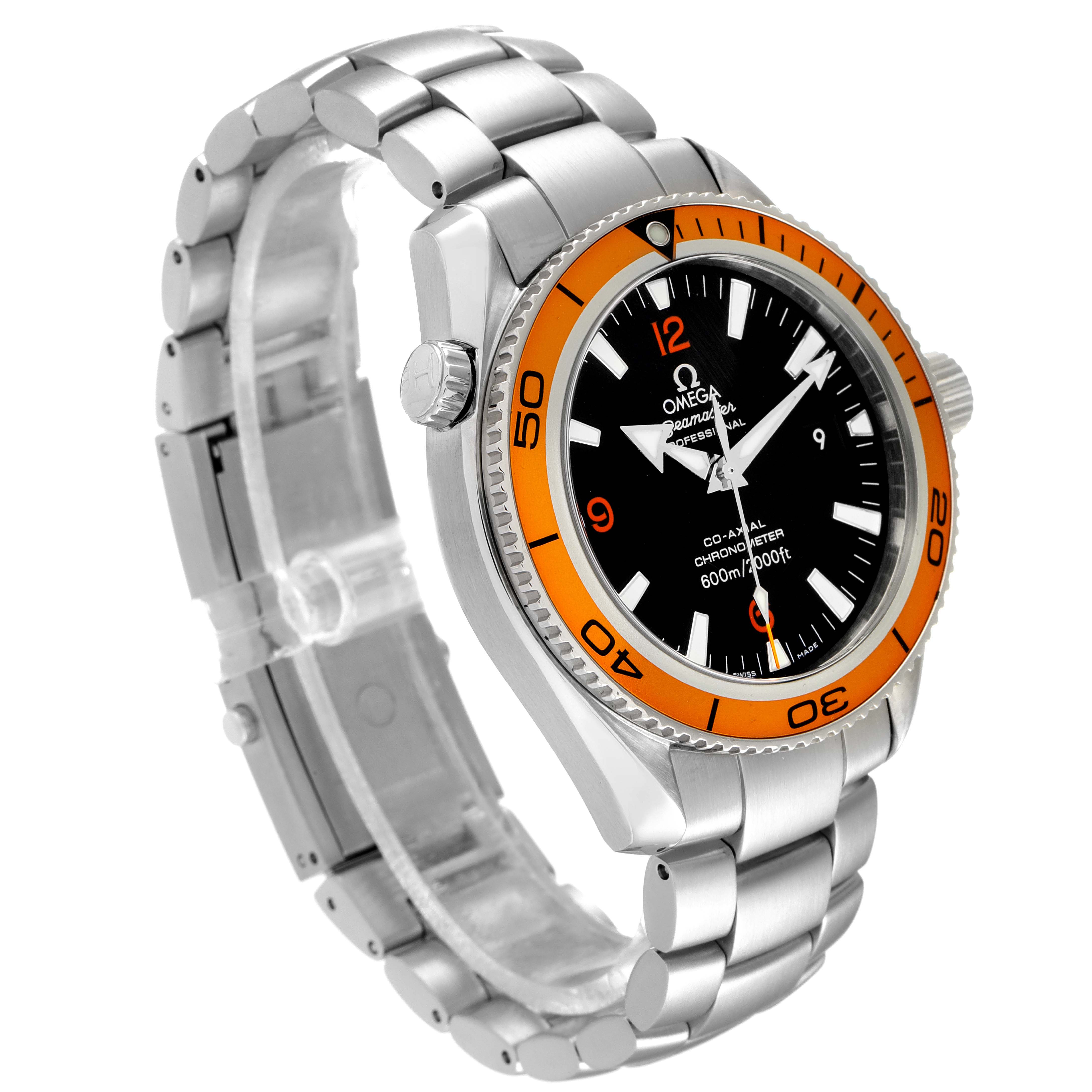 The Omega Planet Ocean 2209.50.00 Men's Stainless Steel Black Dial 2209.50.00 Men's Stainless Steel Black Dial watch is shown at a three-quarter angle, highlighting its orange bezel, stainless steel bracelet, crown, and face details.