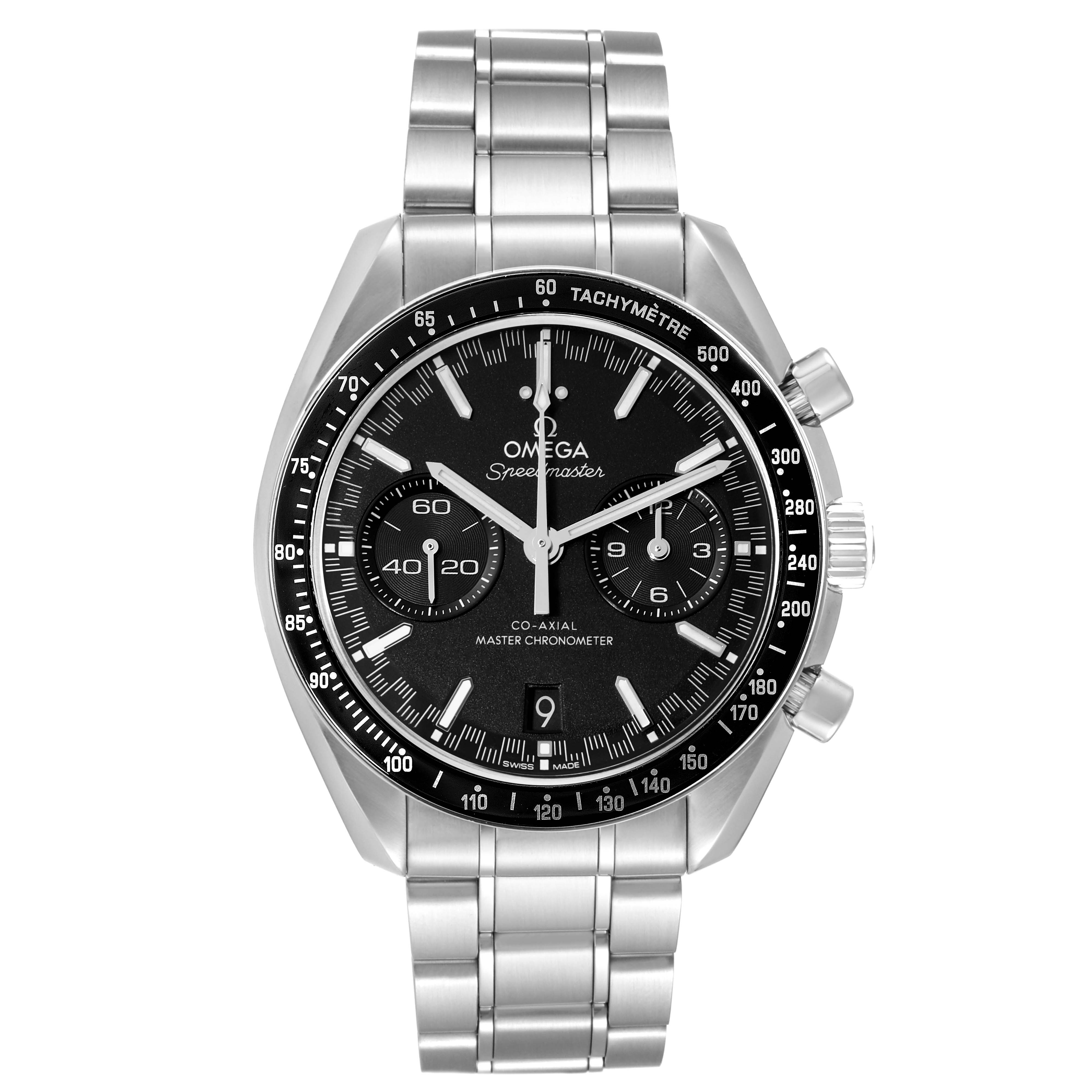 The image shows a front view of an Omega Speedmaster 329.30.44.51.01.001 Men's Stainless Steel Black Dial 329.30.44.51.01.001 Men's Stainless Steel Black Dial watch, featuring its stainless steel bracelet, tachymeter bezel, and chronograph dials.
