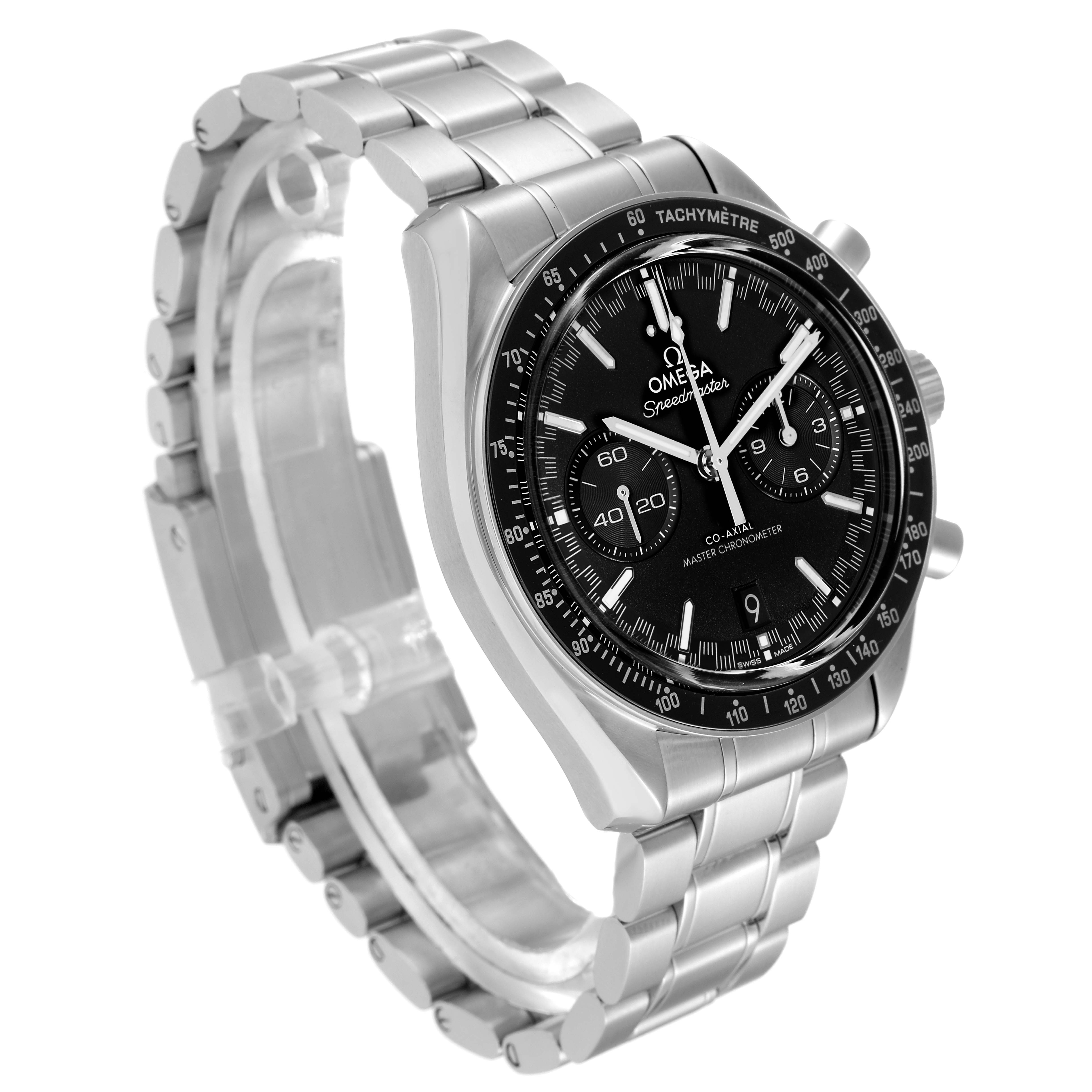 The Omega Speedmaster 329.30.44.51.01.001 Men's Stainless Steel Black Dial 329.30.44.51.01.001 Men's Stainless Steel Black Dial watch is shown at a three-quarter angle, revealing its dial, tachymeter bezel, and stainless steel bracelet.