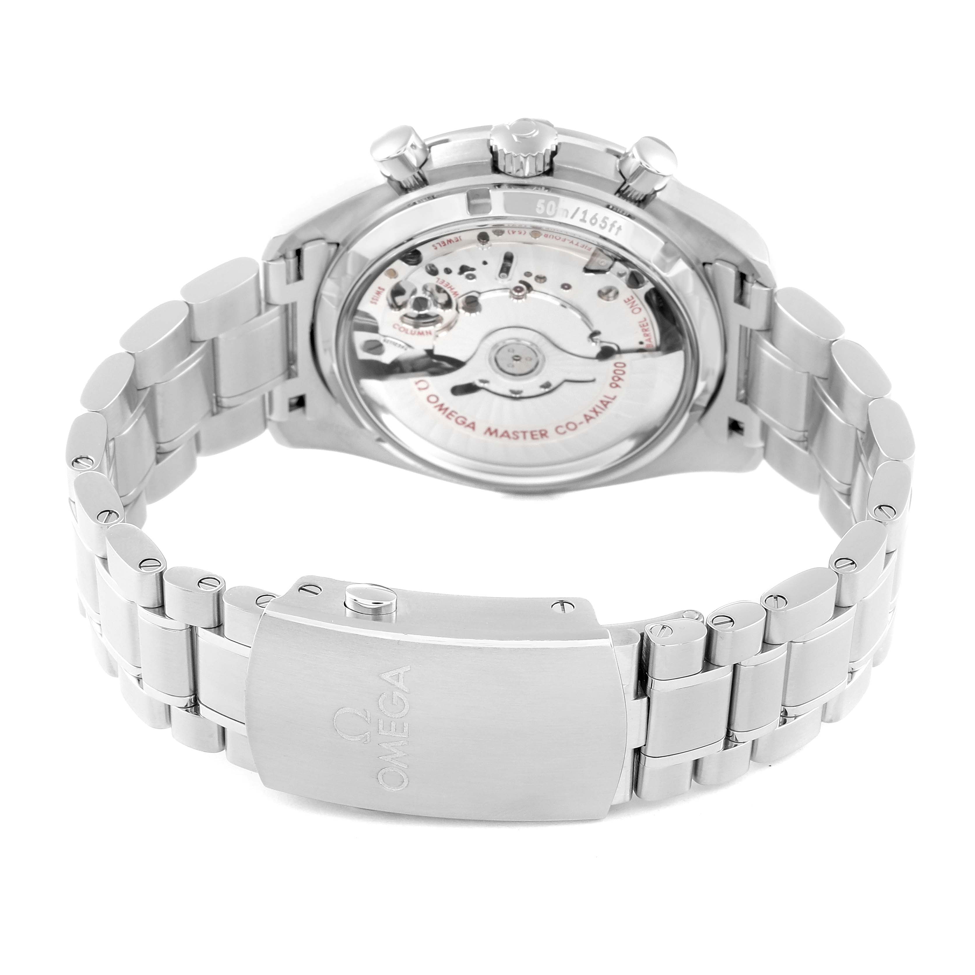 The Omega Speedmaster 329.30.44.51.01.001 Men's Stainless Steel Black Dial 329.30.44.51.01.001 Men's Stainless Steel Black Dial is shown from the back, revealing the movement and bracelet with the clasp.