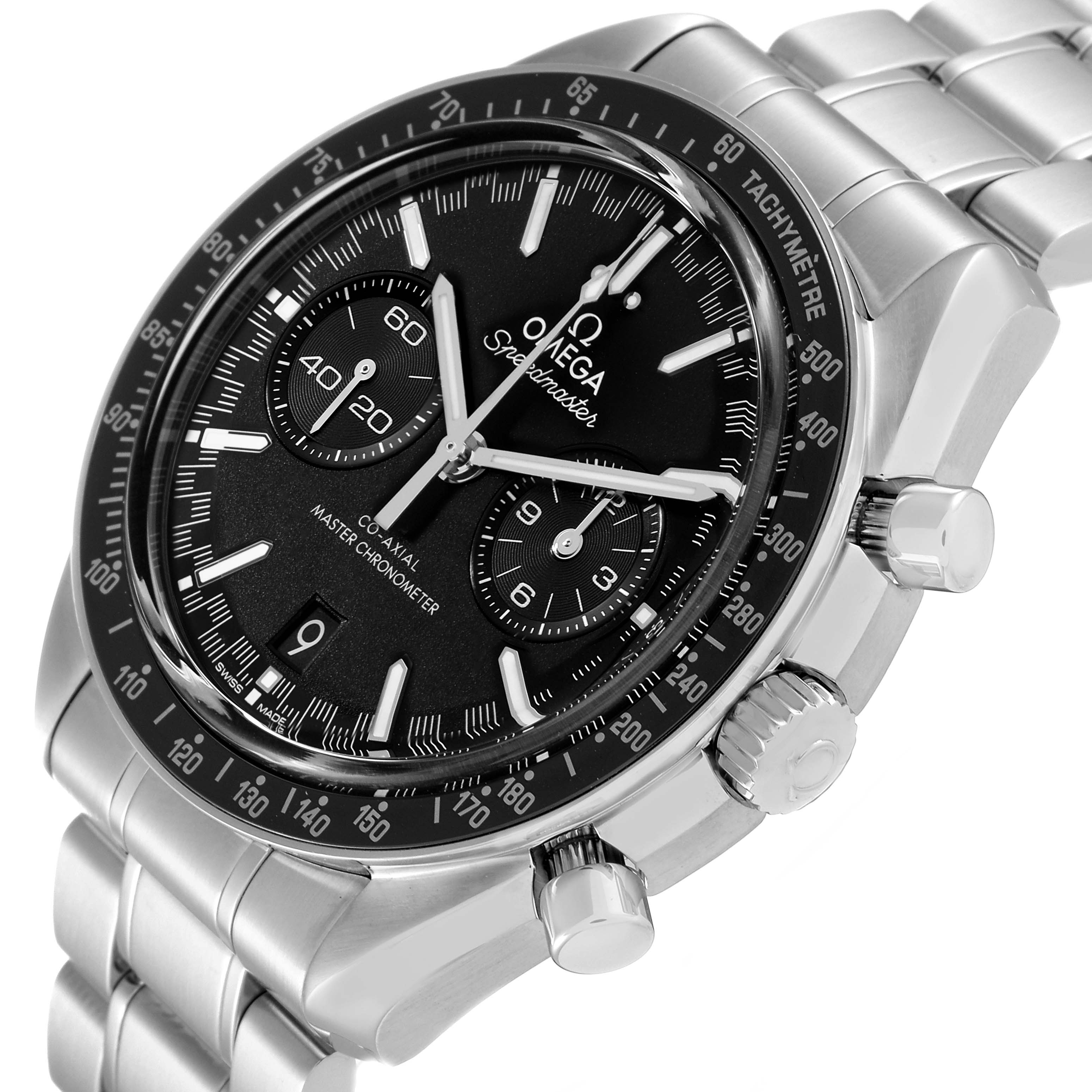 The image shows an angled view of an Omega Speedmaster 329.30.44.51.01.001 Men's Stainless Steel Black Dial 329.30.44.51.01.001 Men's Stainless Steel Black Dial watch, highlighting the black dial, side buttons, and stainless steel bracelet.