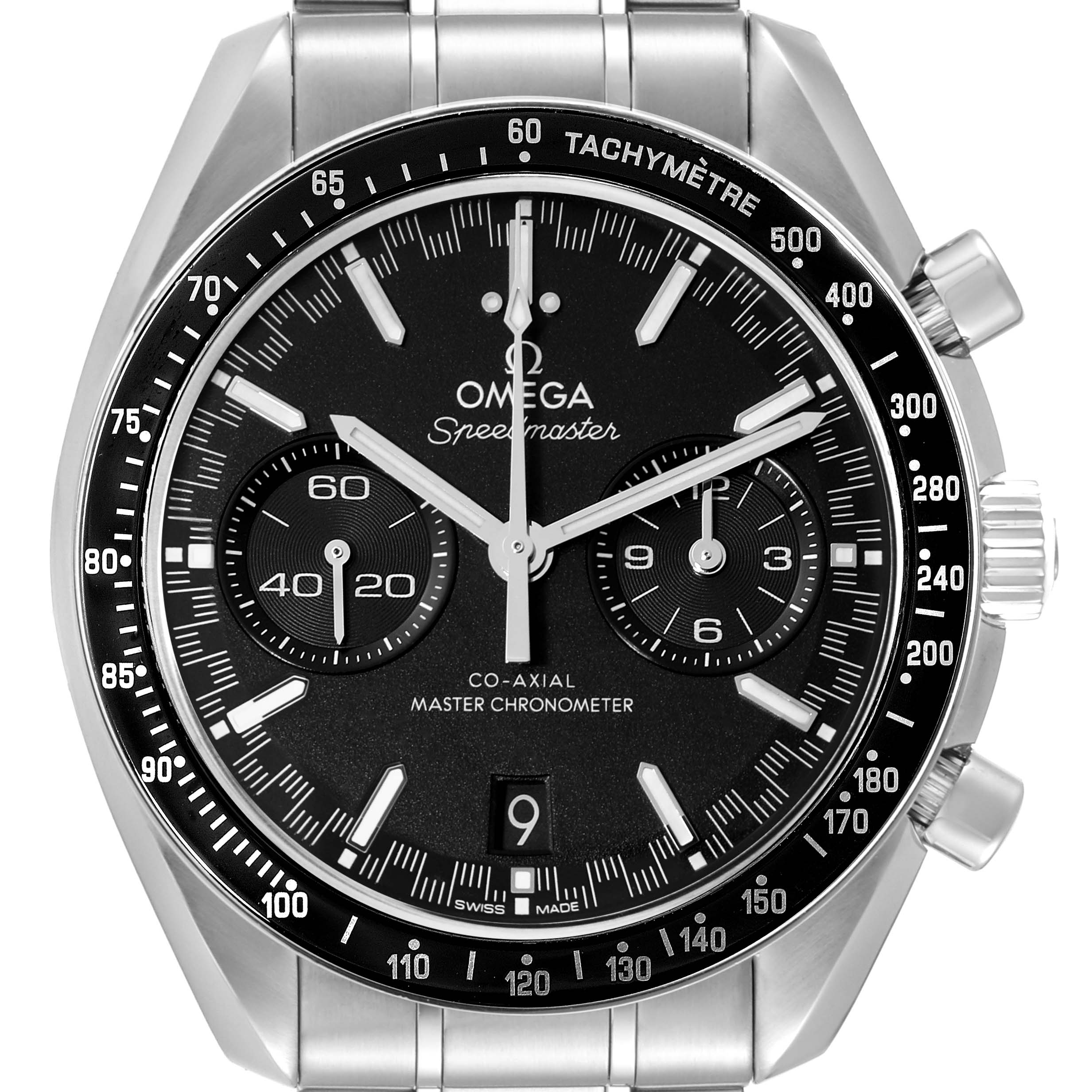 This image shows a front view of an Omega Speedmaster 329.30.44.51.01.001 Men's Stainless Steel Black Dial 329.30.44.51.01.001 Men's Stainless Steel Black Dial watch, highlighting the dial, chronograph subdials, and tachymeter bezel.