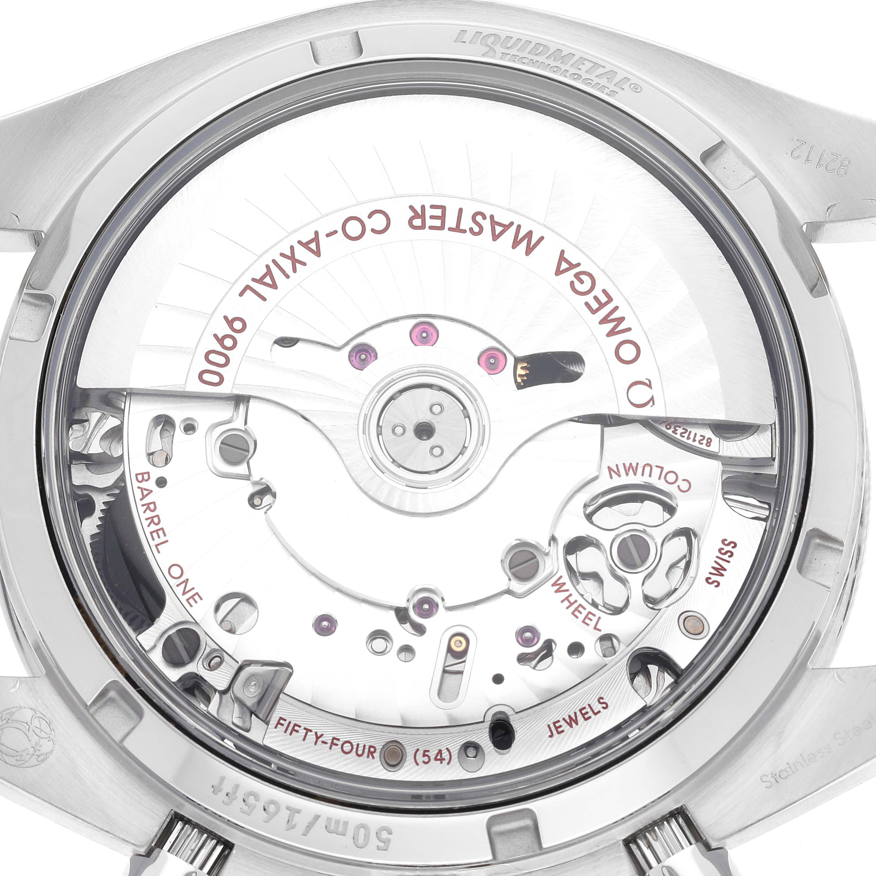 This image shows the back view of an Omega Speedmaster 329.30.44.51.01.001 Men's Stainless Steel Black Dial 329.30.44.51.01.001 Men's Stainless Steel Black Dial watch, focusing on its exposed mechanical movement and the Co-Axial 9900 caliber.