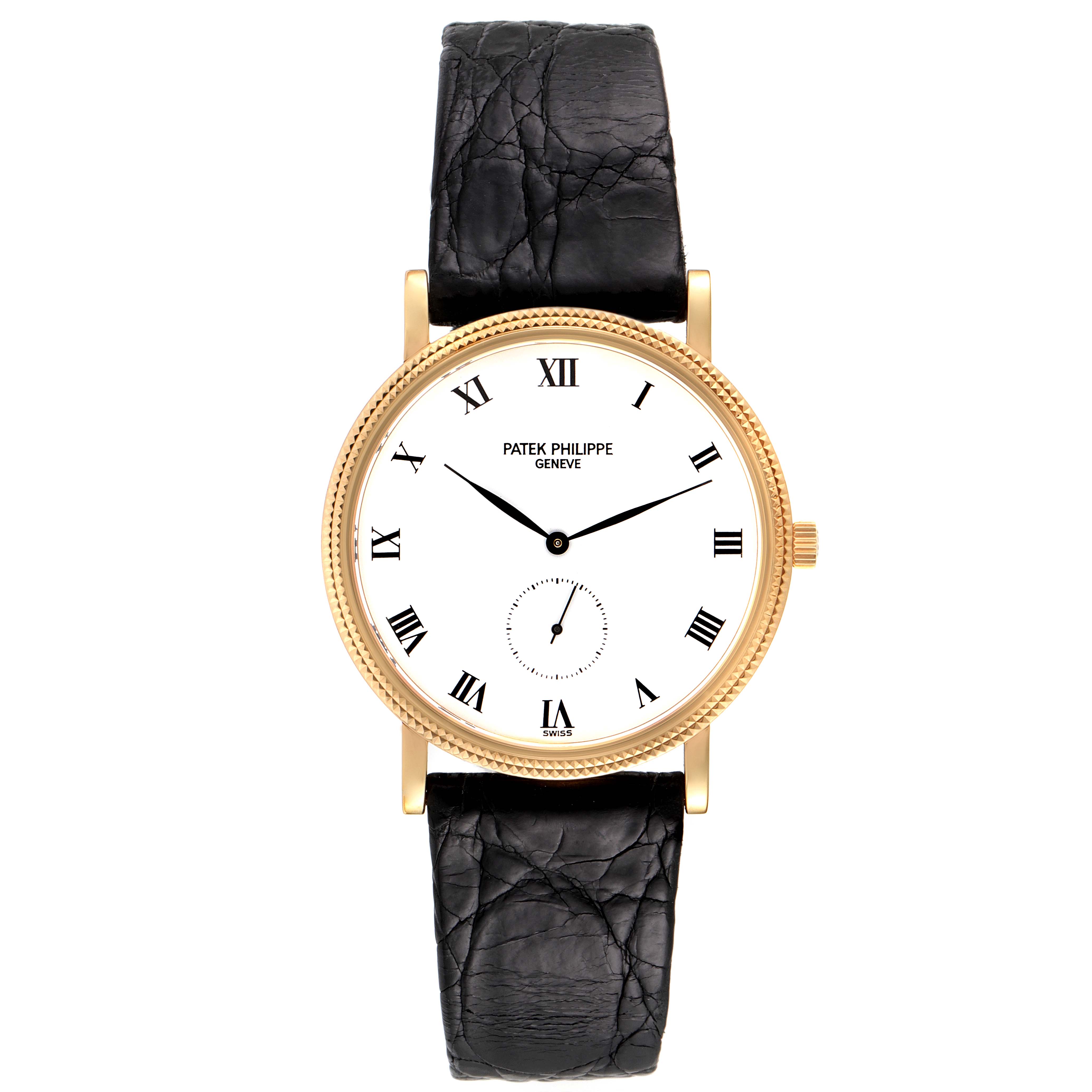 This image shows a front view of a Patek Philippe Calatrava 3919 Men's Yellow Gold White Dial 3919 Men's Yellow Gold White Dial watch, highlighting its dial, hands, case, and leather strap.