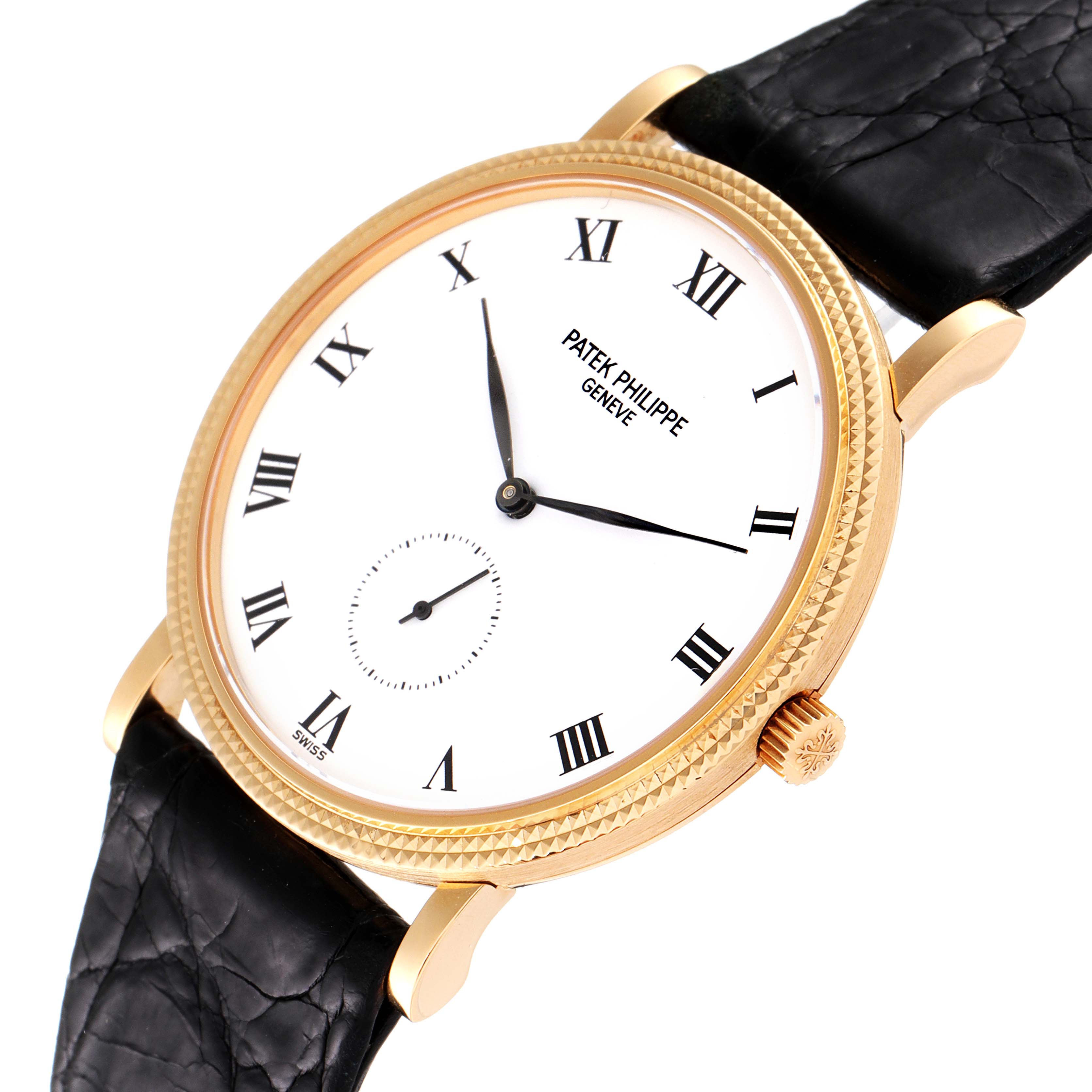 This image shows a Patek Philippe Calatrava 3919 Men's Yellow Gold White Dial 3919 Men's Yellow Gold White Dial watch at a slight angle, capturing the face, crown, case, and part of the leather strap.