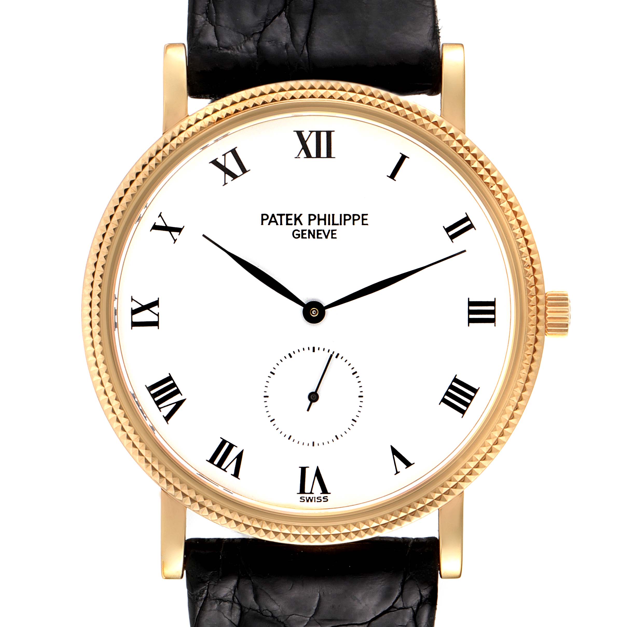 This image shows a Patek Philippe Calatrava 3919 Men's Yellow Gold White Dial 3919 Men's Yellow Gold White Dial watch from a front angle, highlighting the dial, hands, and part of the strap.