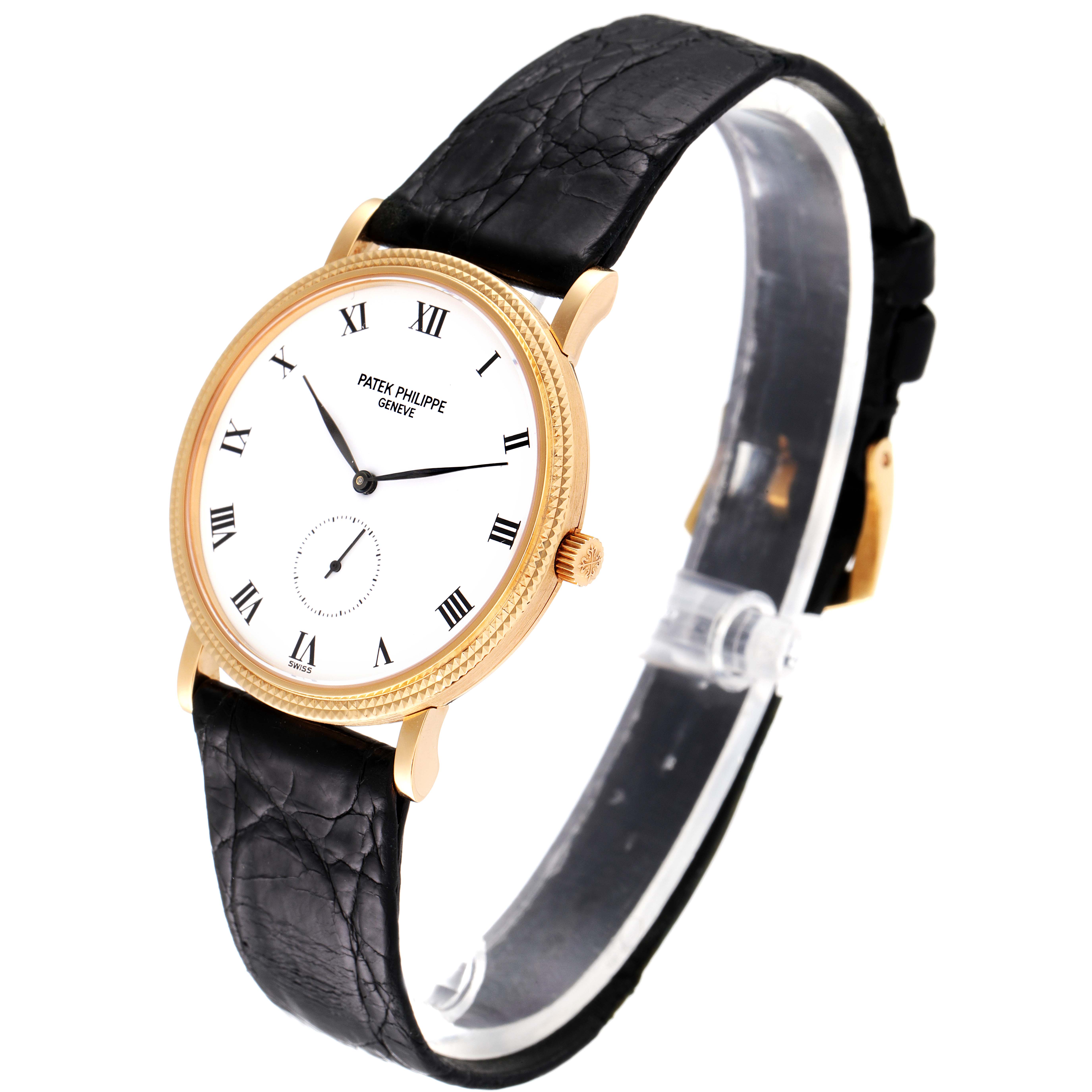 The Patek Philippe Calatrava 3919 Men's Yellow Gold White Dial 3919 Men's Yellow Gold White Dial watch is shown at a three-quarter angle, highlighting its white dial, black leather strap, and gold case.