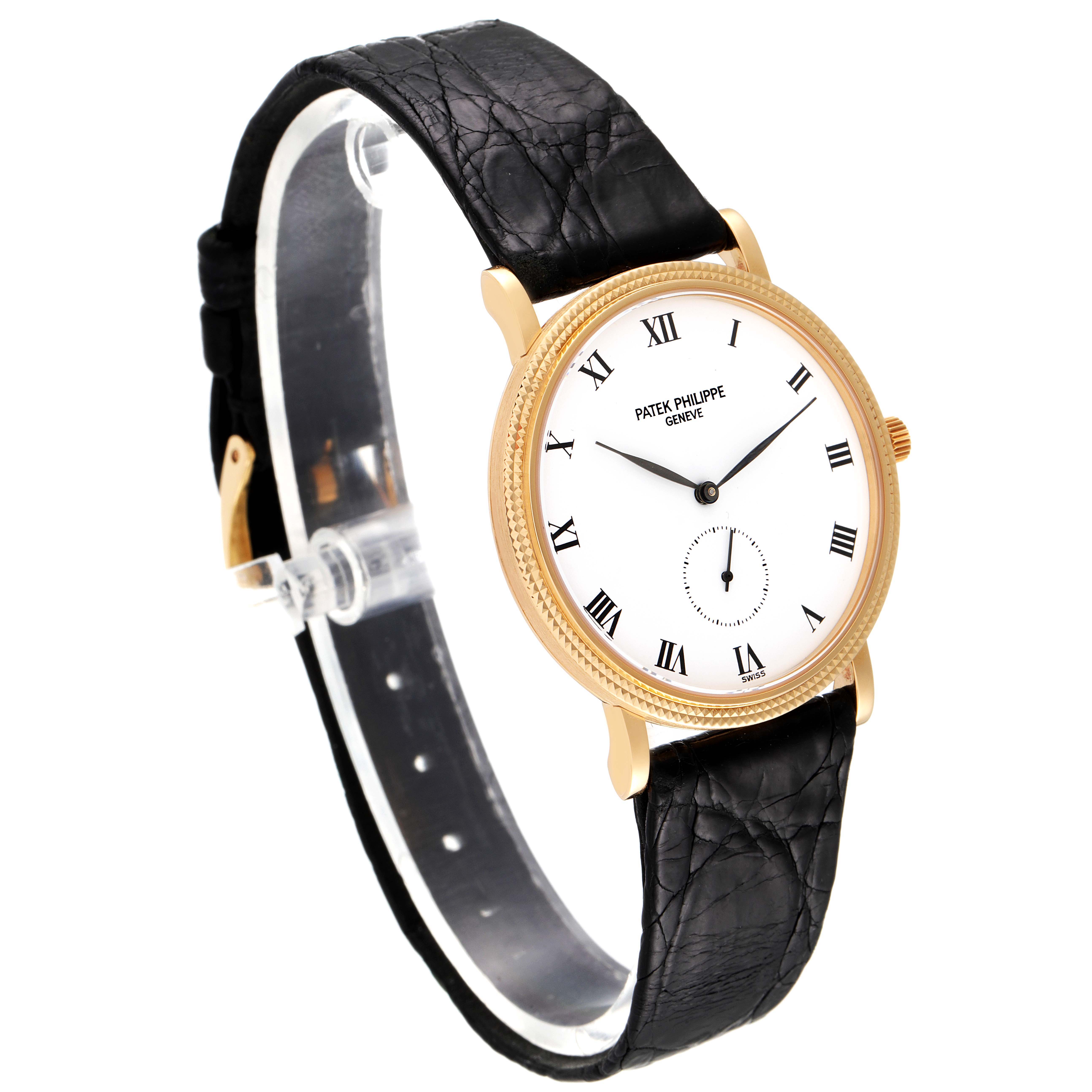 Patek Philippe Calatrava 18k Yellow Gold Black Strap Mens Watch 3919 ...