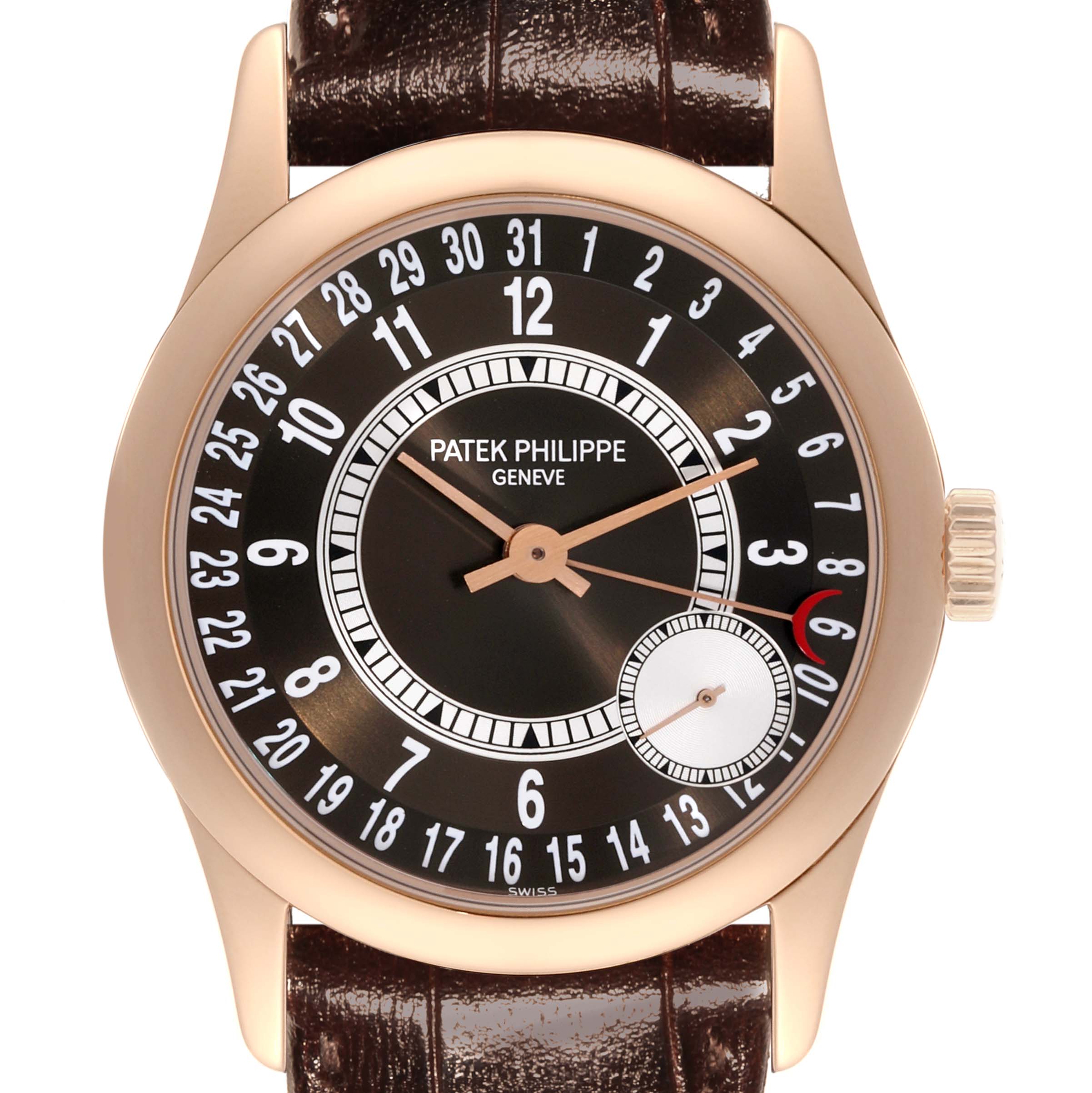 The Patek Philippe Calatrava 6000R-001 Men's Rose Gold Brown Dial 6000R-001 Men's Rose Gold Brown Dial watch is shown from a frontal angle, highlighting the dial, hands, and case.