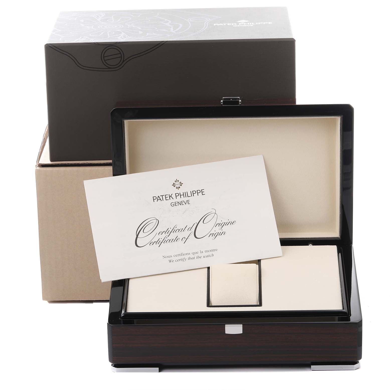 The image shows a Patek Philippe Calatrava 6000R-001 Men's Rose Gold Brown Dial 6000R-001 Men's Rose Gold Brown Dial watch box with a certificate of origin, viewed from the front.