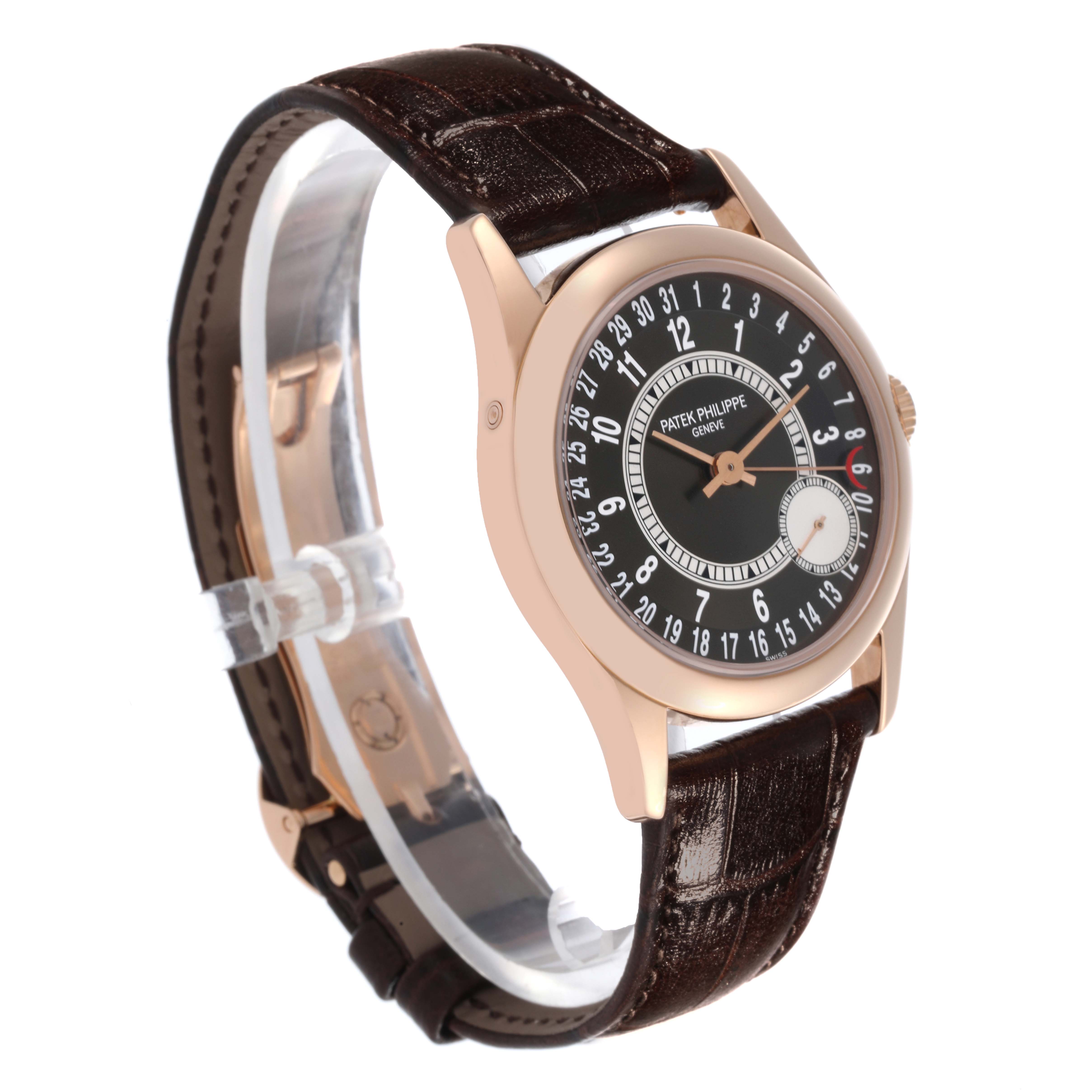 The Patek Philippe Calatrava 6000R-001 Men's Rose Gold Brown Dial 6000R-001 Men's Rose Gold Brown Dial watch is shown at a three-quarter angle, highlighting the dial, case, and strap.