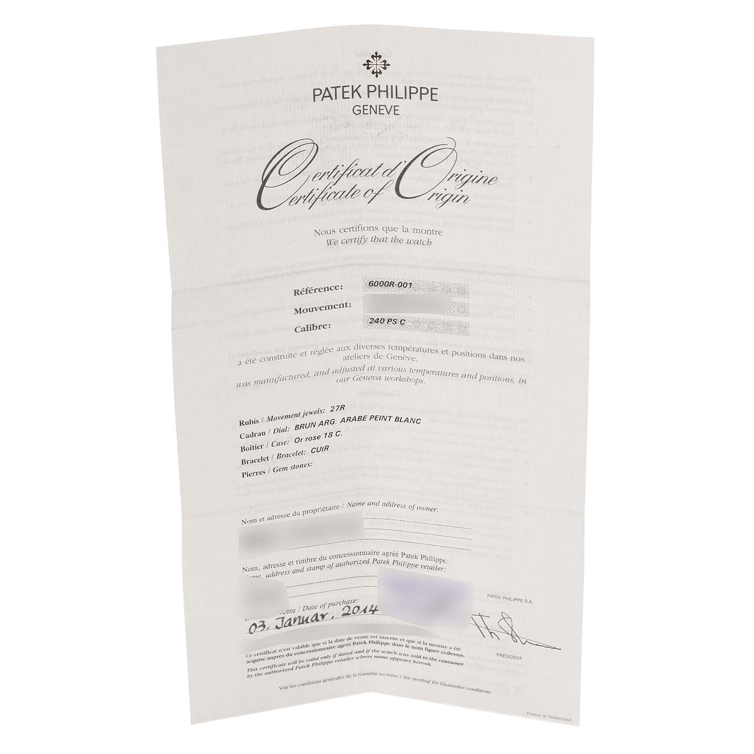 The image shows a Certificate of Origin for a Patek Philippe Calatrava 6000R-001 Men's Rose Gold Brown Dial 6000R-001 Men's Rose Gold Brown Dial watch, viewed from a front angle.