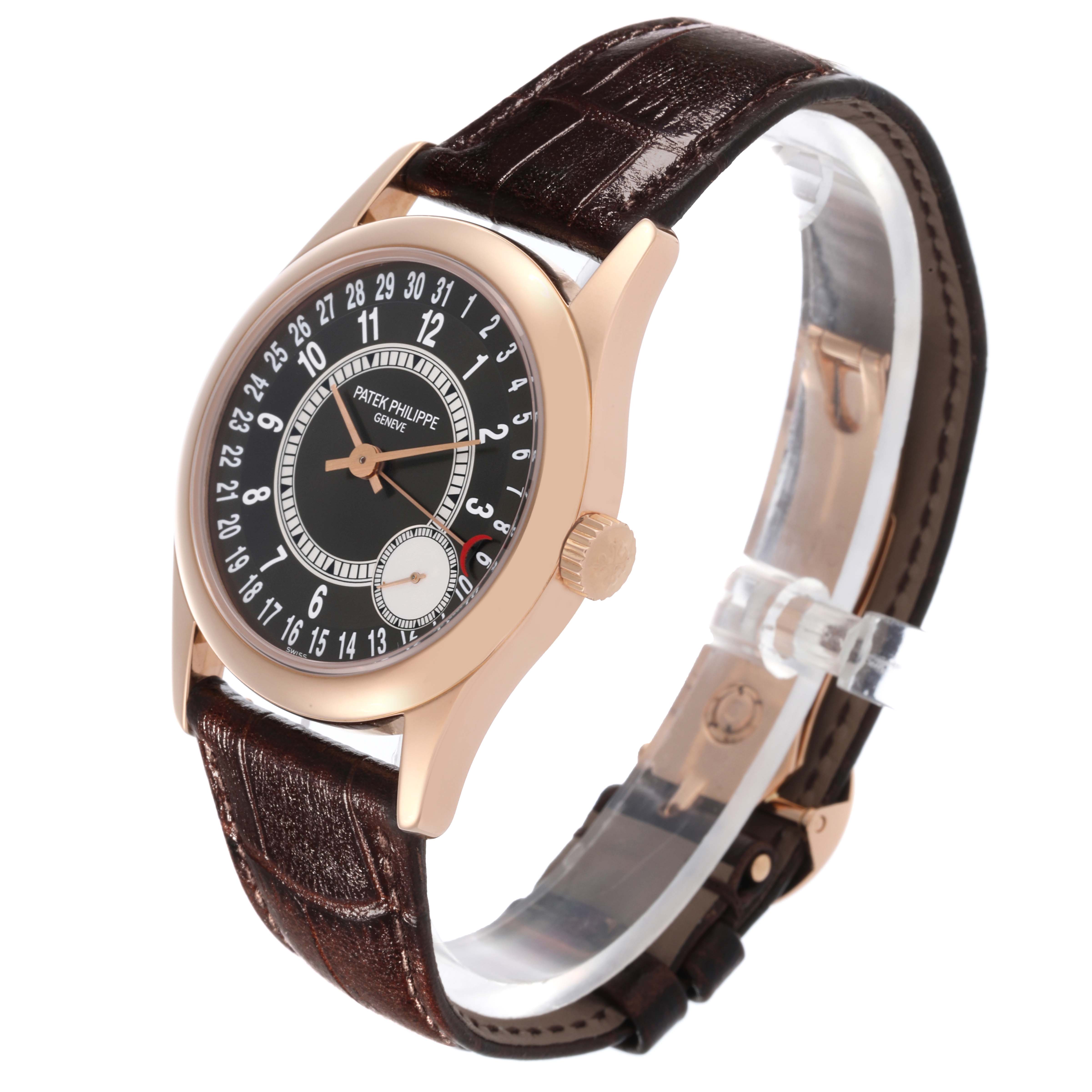 The Patek Philippe Calatrava 6000R-001 Men's Rose Gold Brown Dial 6000R-001 Men's Rose Gold Brown Dial watch is shown at a slight side angle, displaying the face, case, crown, and leather strap.