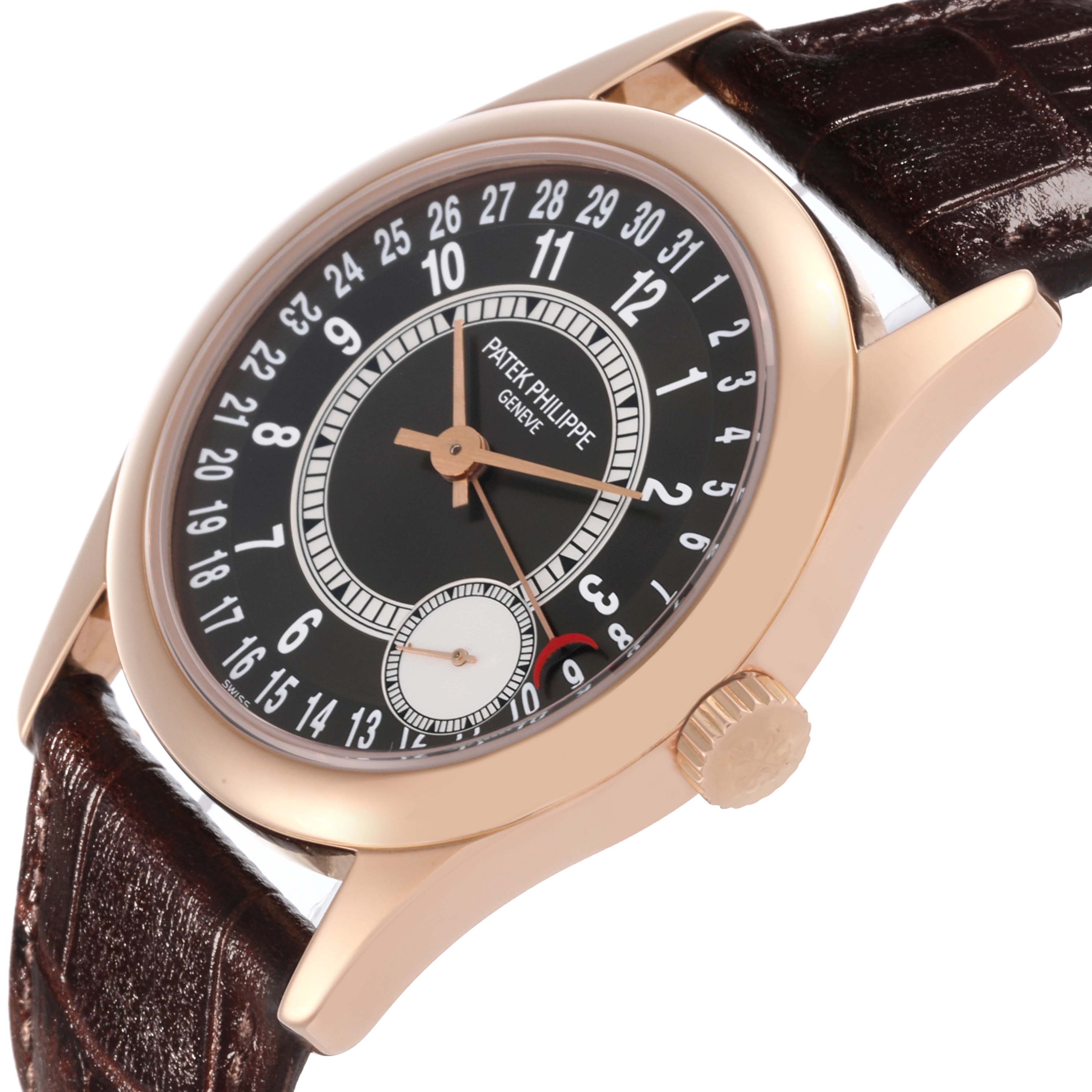 The Patek Philippe Calatrava 6000R-001 Men's Rose Gold Brown Dial 6000R-001 Men's Rose Gold Brown Dial watch is shown at a slight side angle, highlighting the face, crown, and strap.