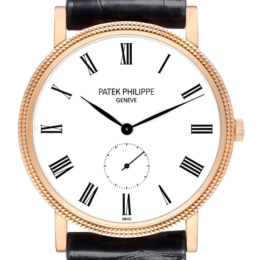 The image shows a frontal view of the Patek Philippe Calatrava, highlighting the dial, bezel, and black leather strap.