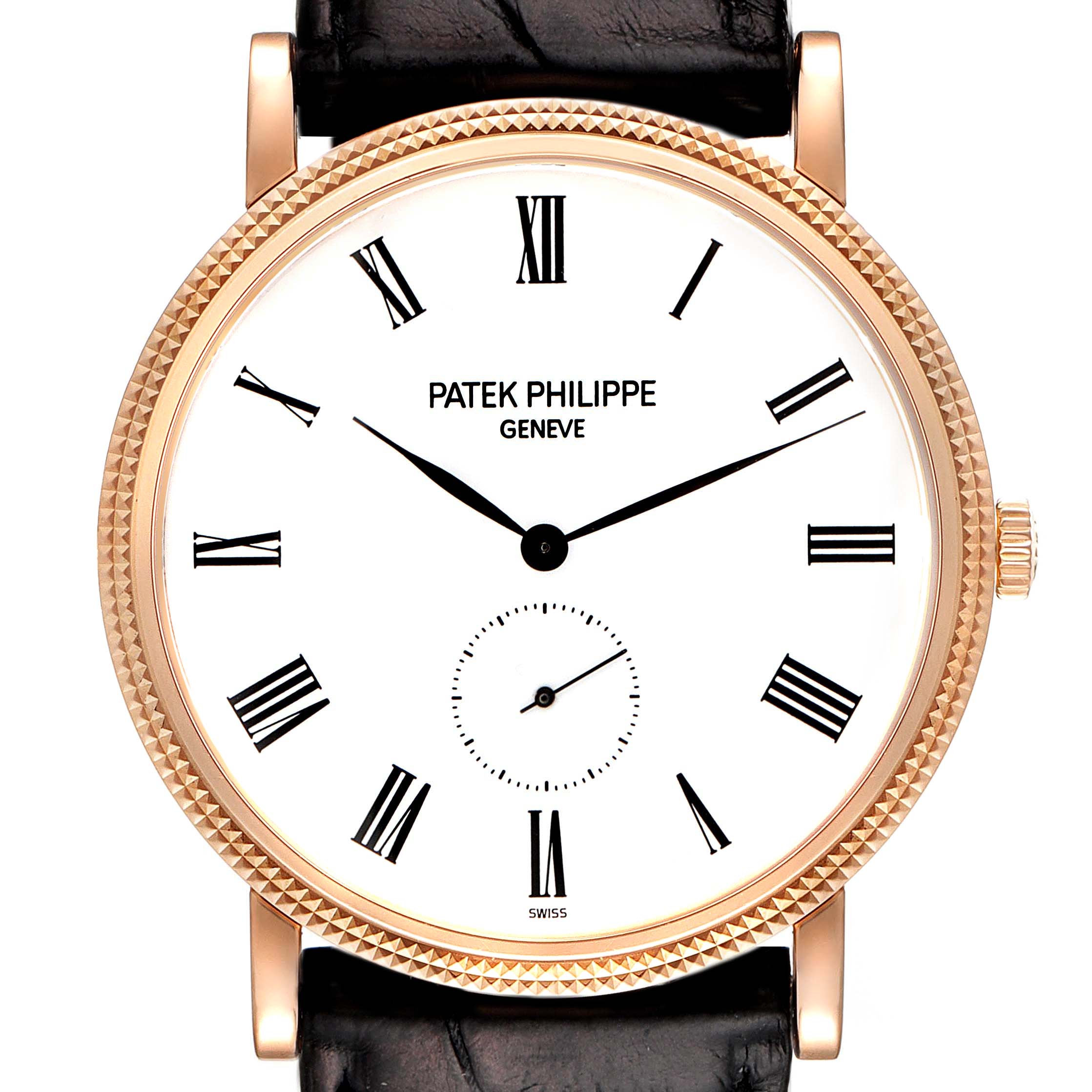 This image shows a frontal view of the Patek Philippe Calatrava 5119R Men's Rose Gold White Dial 5119R Men's Rose Gold White Dial watch, highlighting the dial, bezel, and strap.