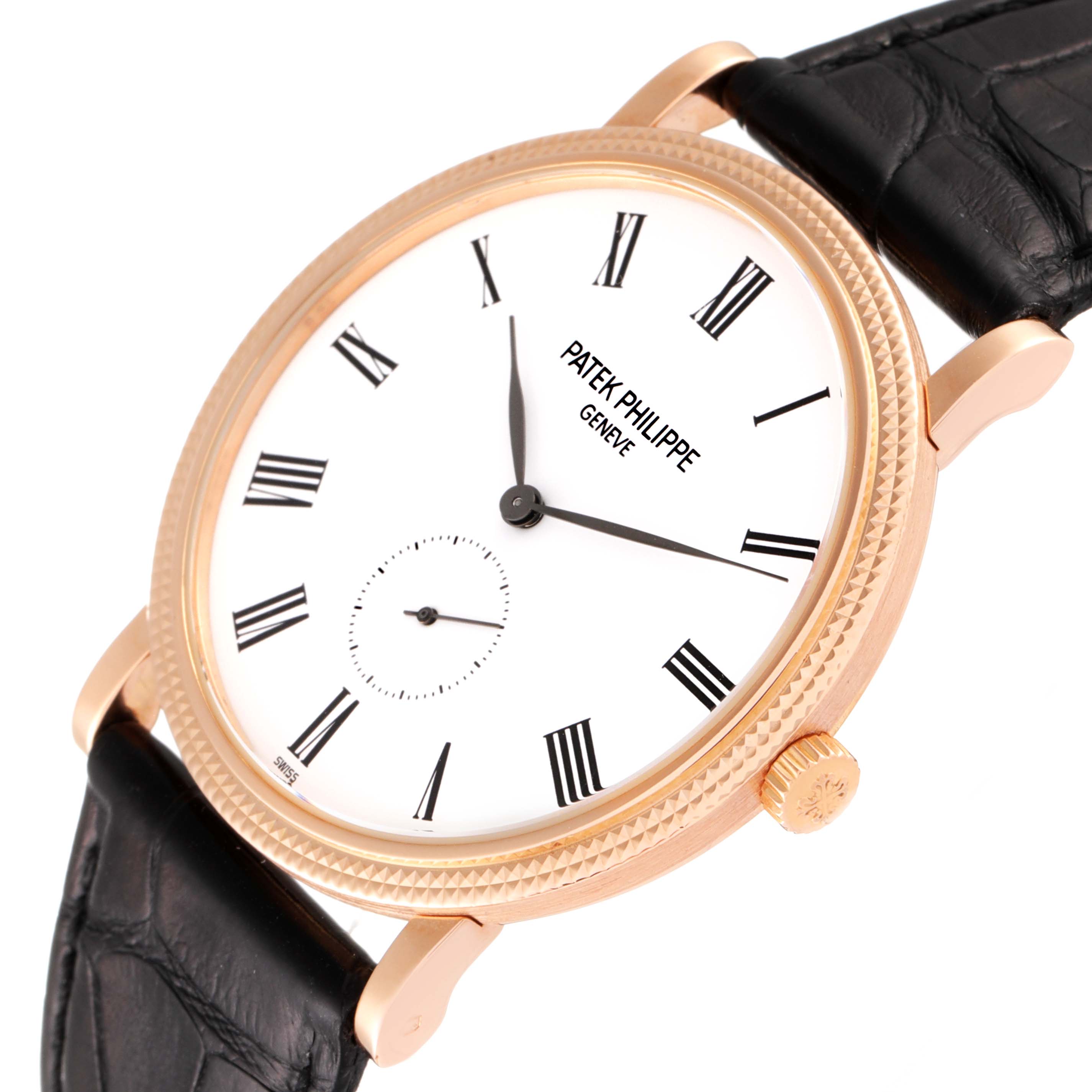 The image shows a close-up, angled view of the dial, crown, and leather strap of the Patek Philippe Calatrava 5119R Men's Rose Gold White Dial 5119R Men's Rose Gold White Dial watch.