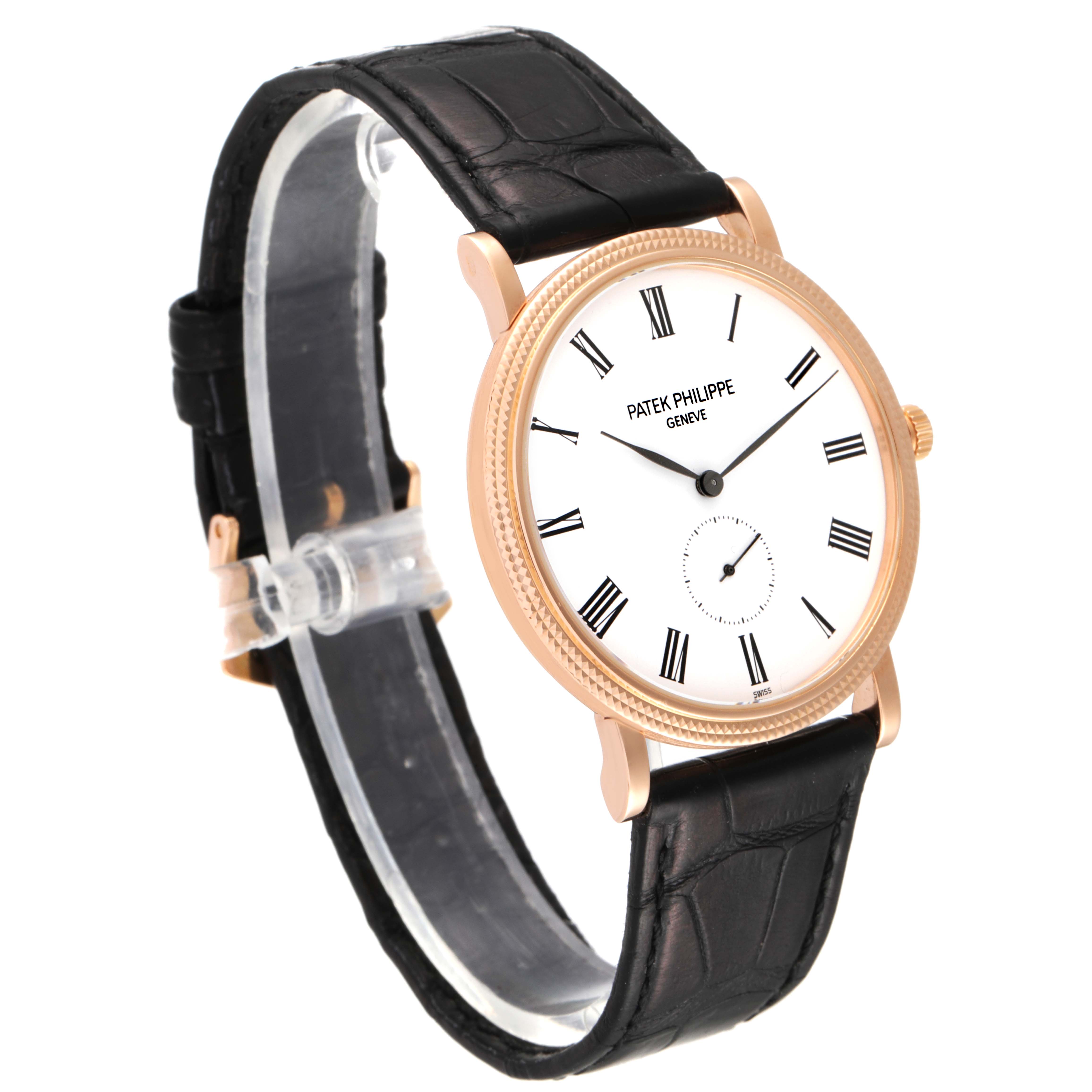 The image shows a Patek Philippe Calatrava 5119R Men's Rose Gold White Dial 5119R Men's Rose Gold White Dial watch angled from the front and left side, highlighting its black leather strap and rose gold case.