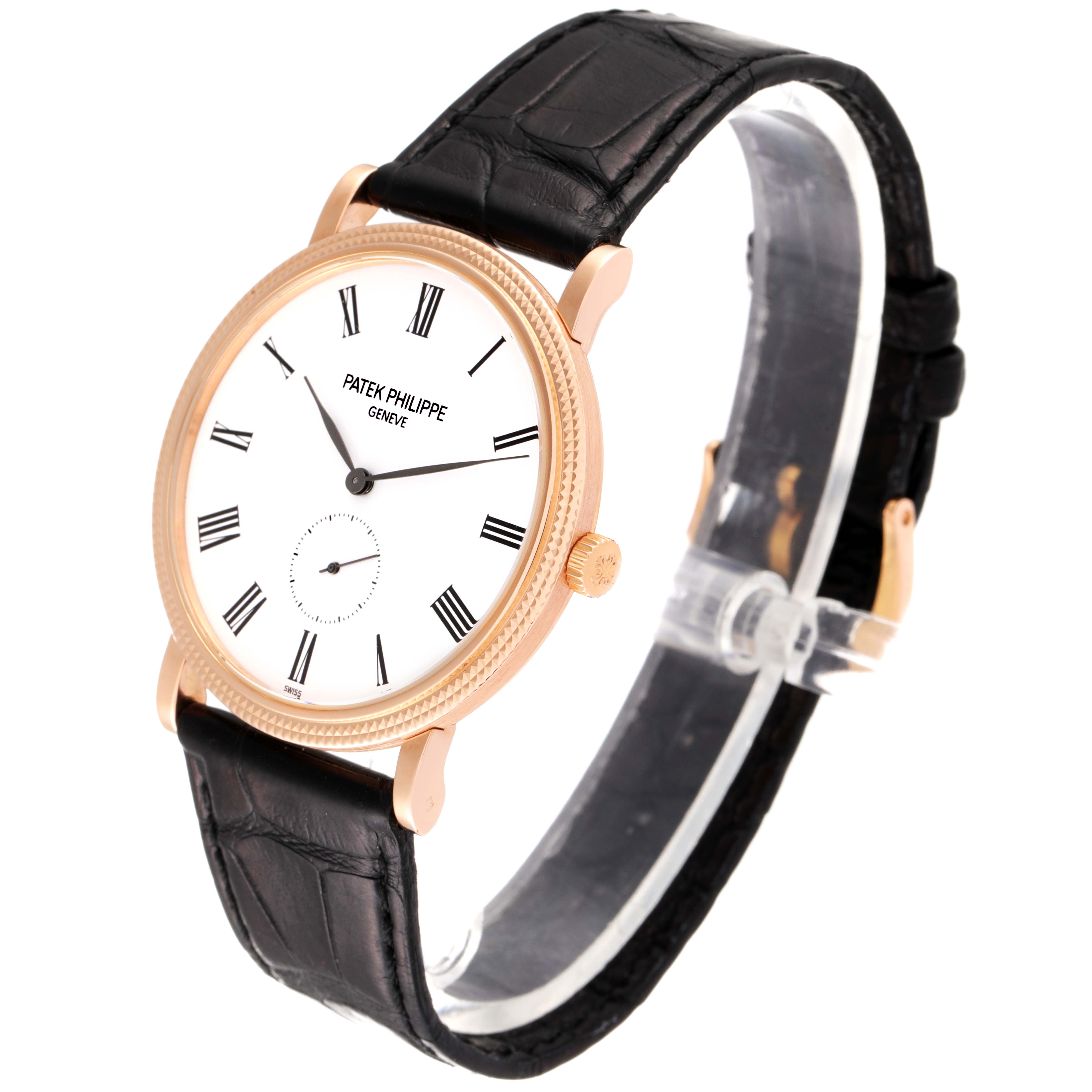 The image shows a Patek Philippe Calatrava 5119R Men's Rose Gold White Dial 5119R Men's Rose Gold White Dial watch at a slight angle, highlighting the dial, strap, bezel, and crown.