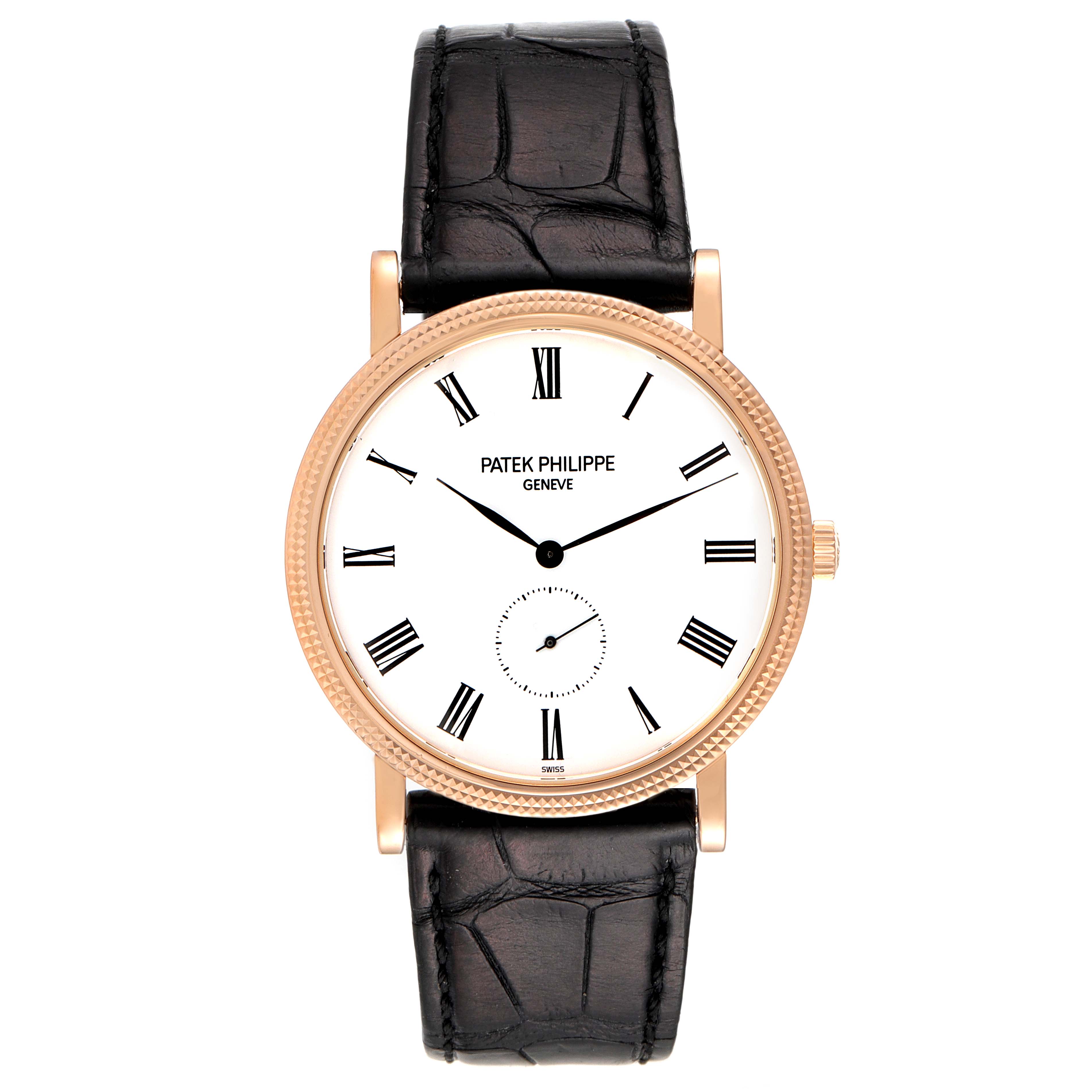 The image shows a front view of a Patek Philippe Calatrava 5119R Men's Rose Gold White Dial 5119R Men's Rose Gold White Dial watch displaying its dial, hands, and leather strap.