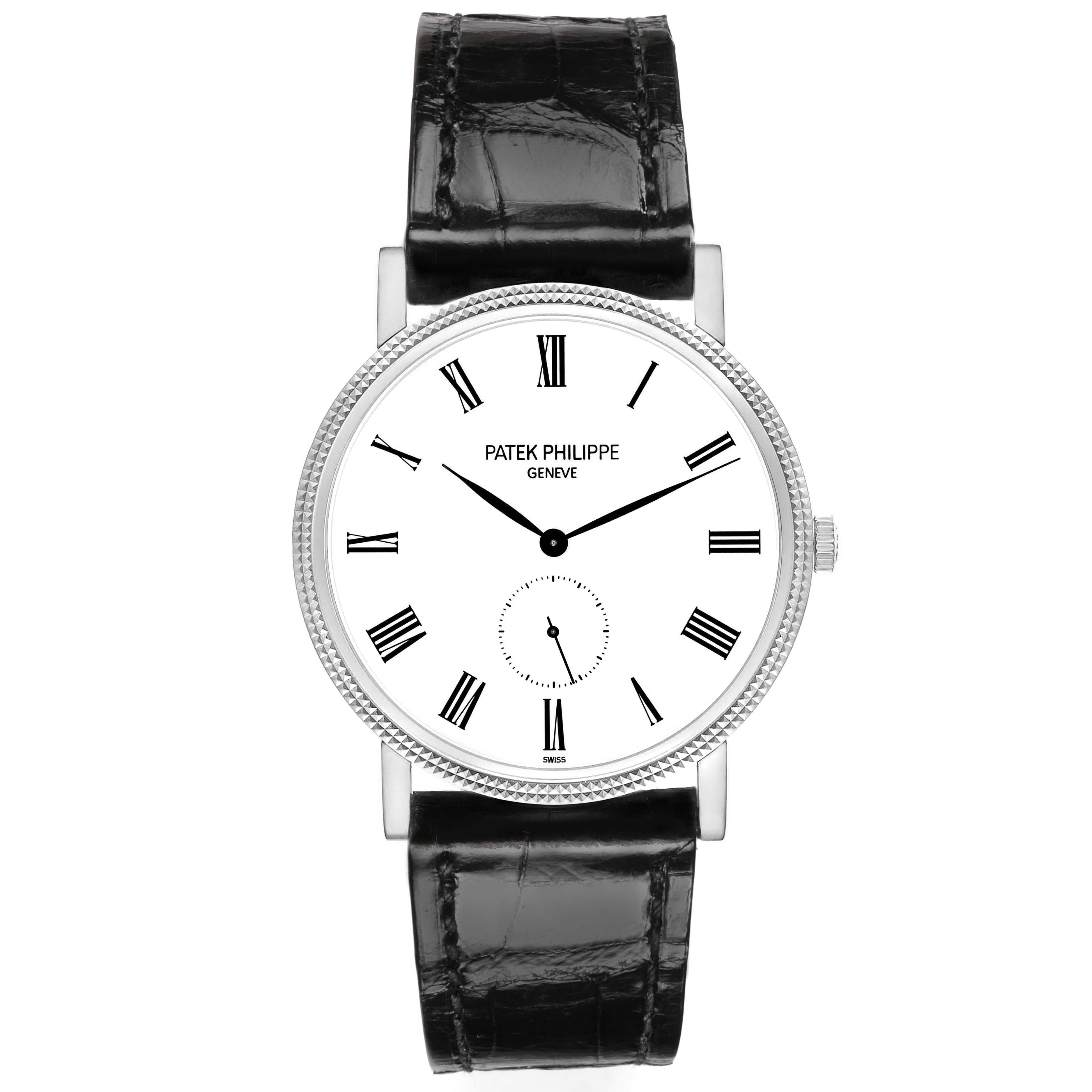 The Patek Philippe Calatrava 5119G Men's White Gold White Dial watch is shown from a front angle, displaying the dial, Roman numerals, minute markers, hands, and leather strap.