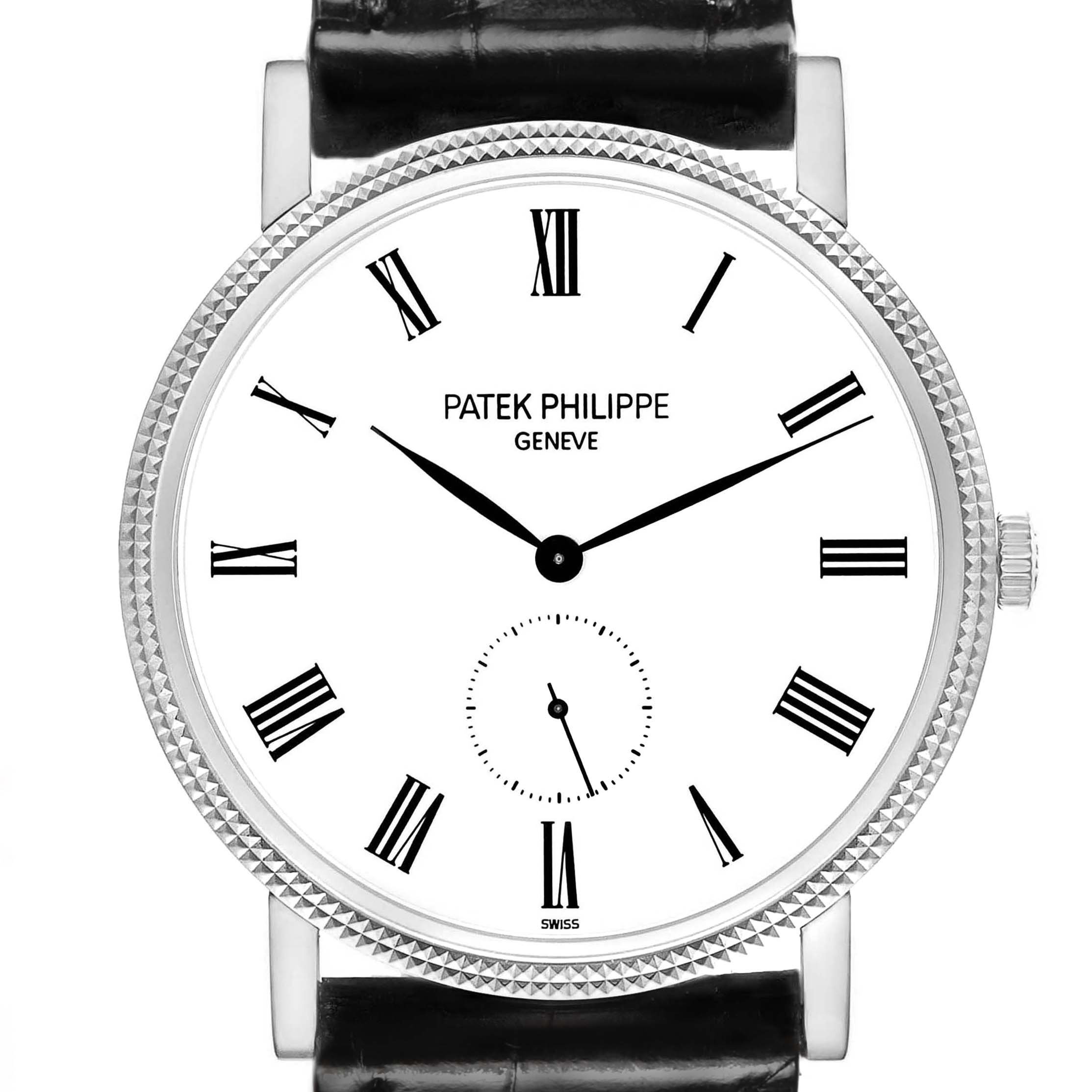 The Patek Philippe Calatrava 5119G Men's White Gold White Dial watch is shown from the front, displaying the face, Roman numerals, hands, and textured bezel.