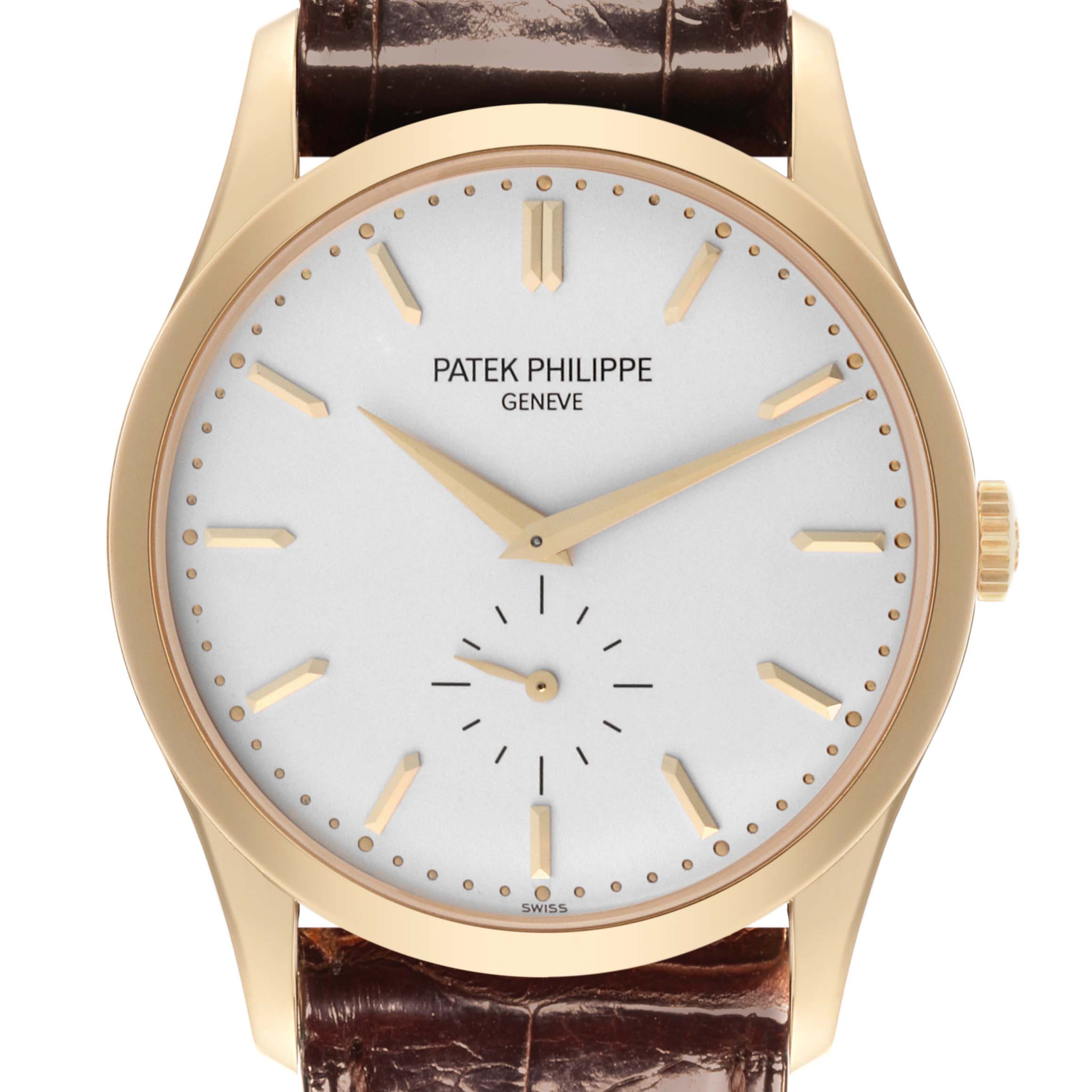 The Patek Philippe Calatrava 5196J-001 Men's Yellow Gold Silver Dial 5196J-001 Men's Yellow Gold Silver Dial watch is shown from a front angle, highlighting the dial, hands, and leather strap.