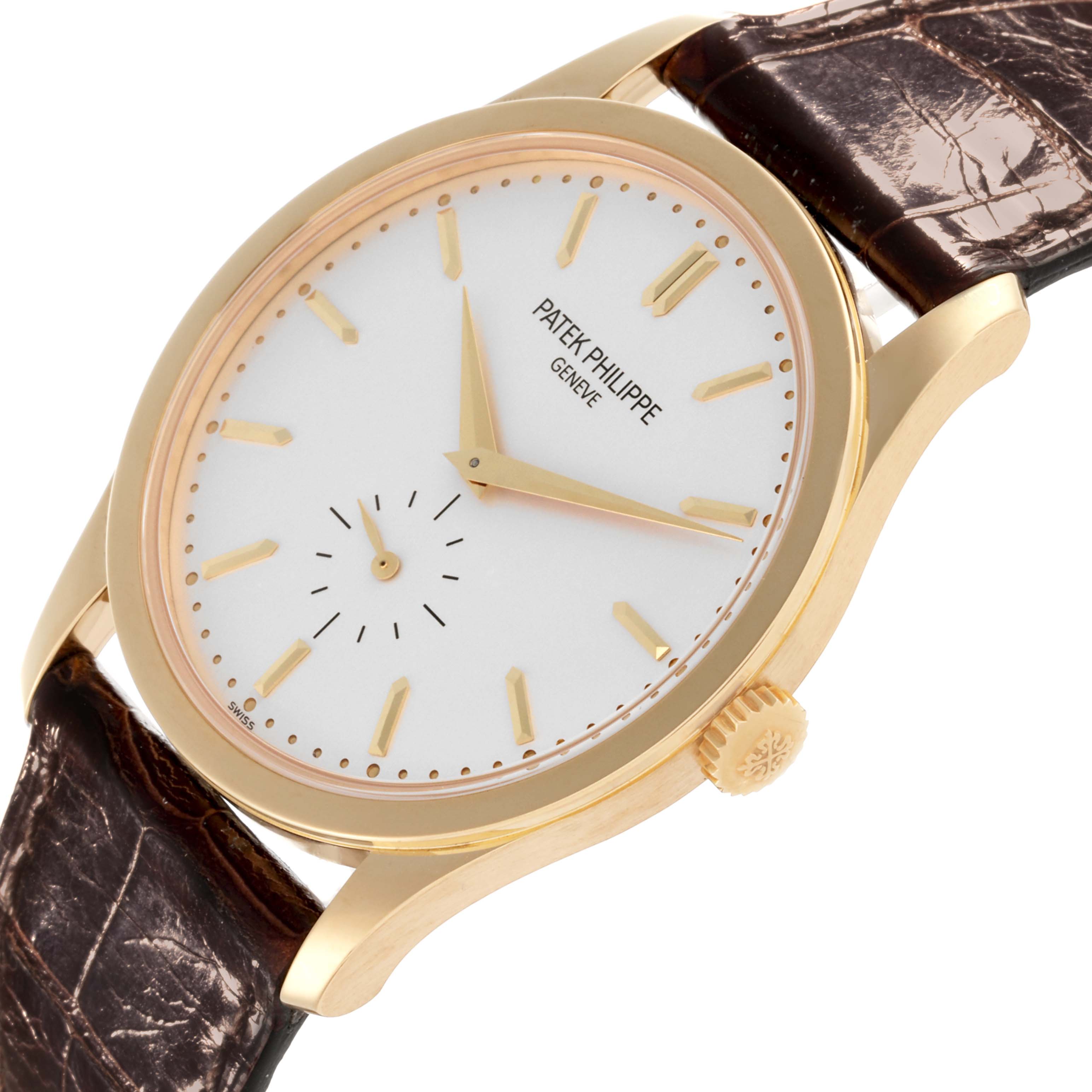 The Patek Philippe Calatrava 5196J-001 Men's Yellow Gold Silver Dial 5196J-001 Men's Yellow Gold Silver Dial watch is shown at a slight angle, highlighting the dial, hands, case, crown, and leather strap.