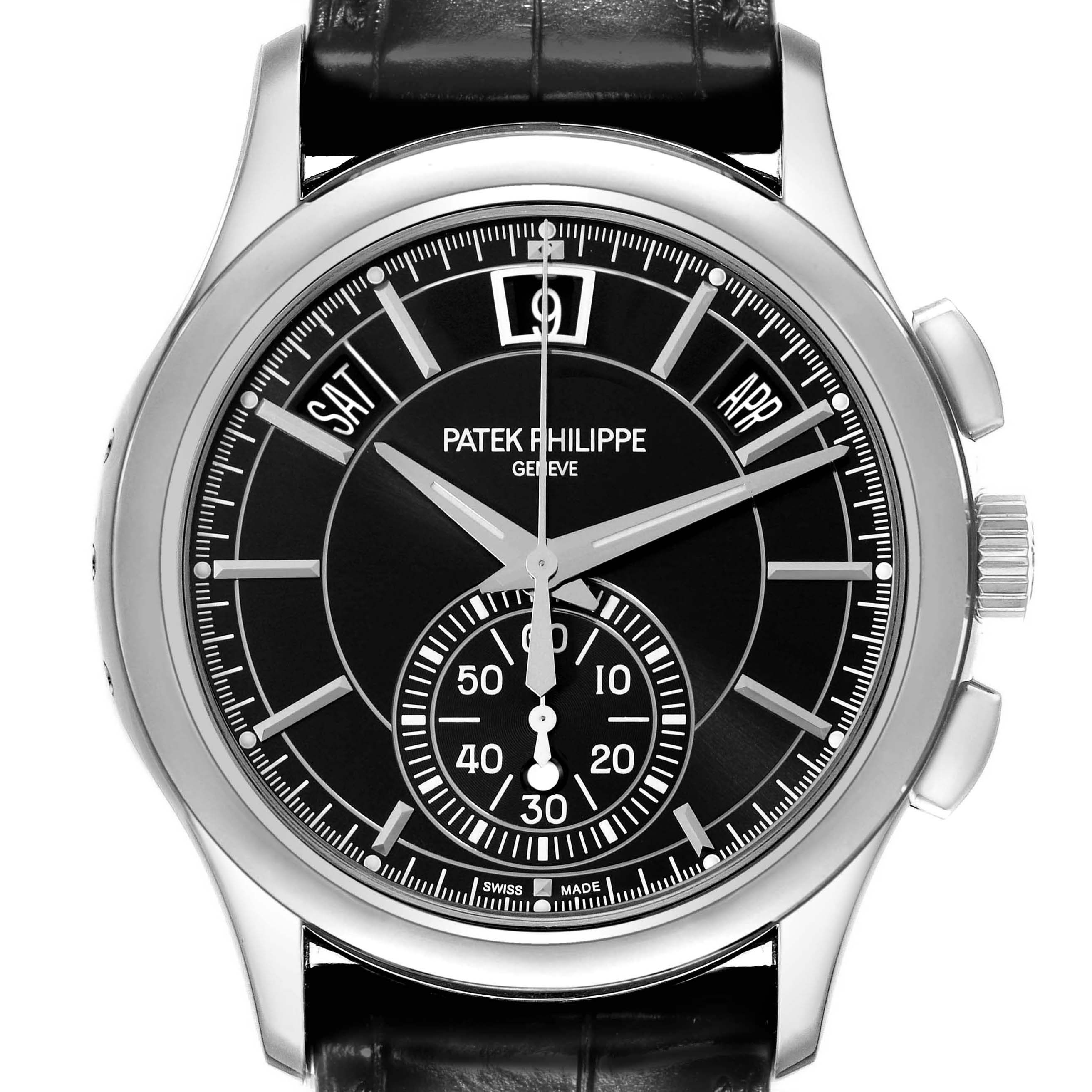 The Patek Philippe Complications 5905P - 010 Men's Platinum Black Dial watch is shown from a front angle, highlighting the dial, subdial, hands, and date indicators.