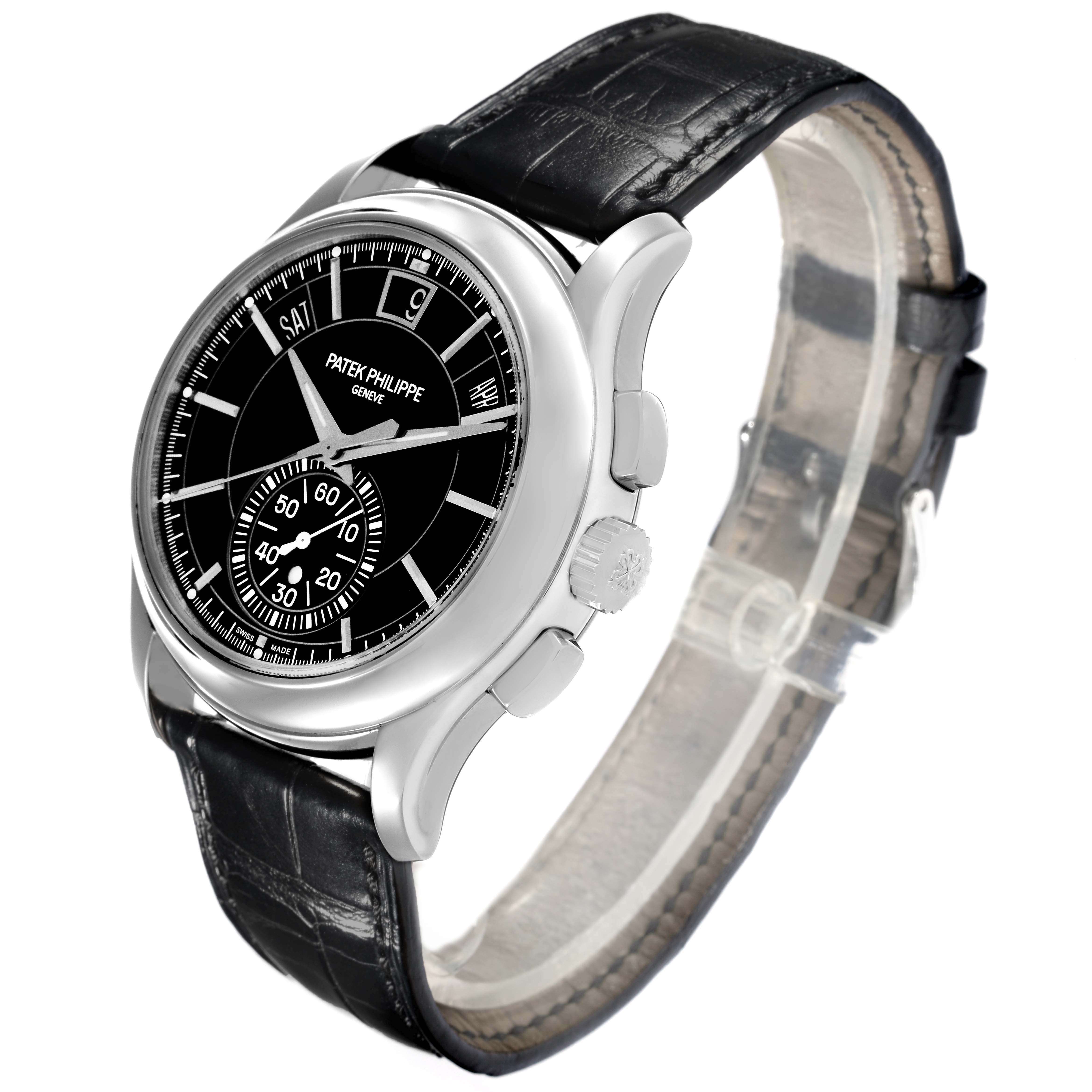 The Patek Philippe Complications 5905P - 010 Men's Platinum Black Dial watch is shown at a front angle, highlighting the black dial, silver case, and leather strap.