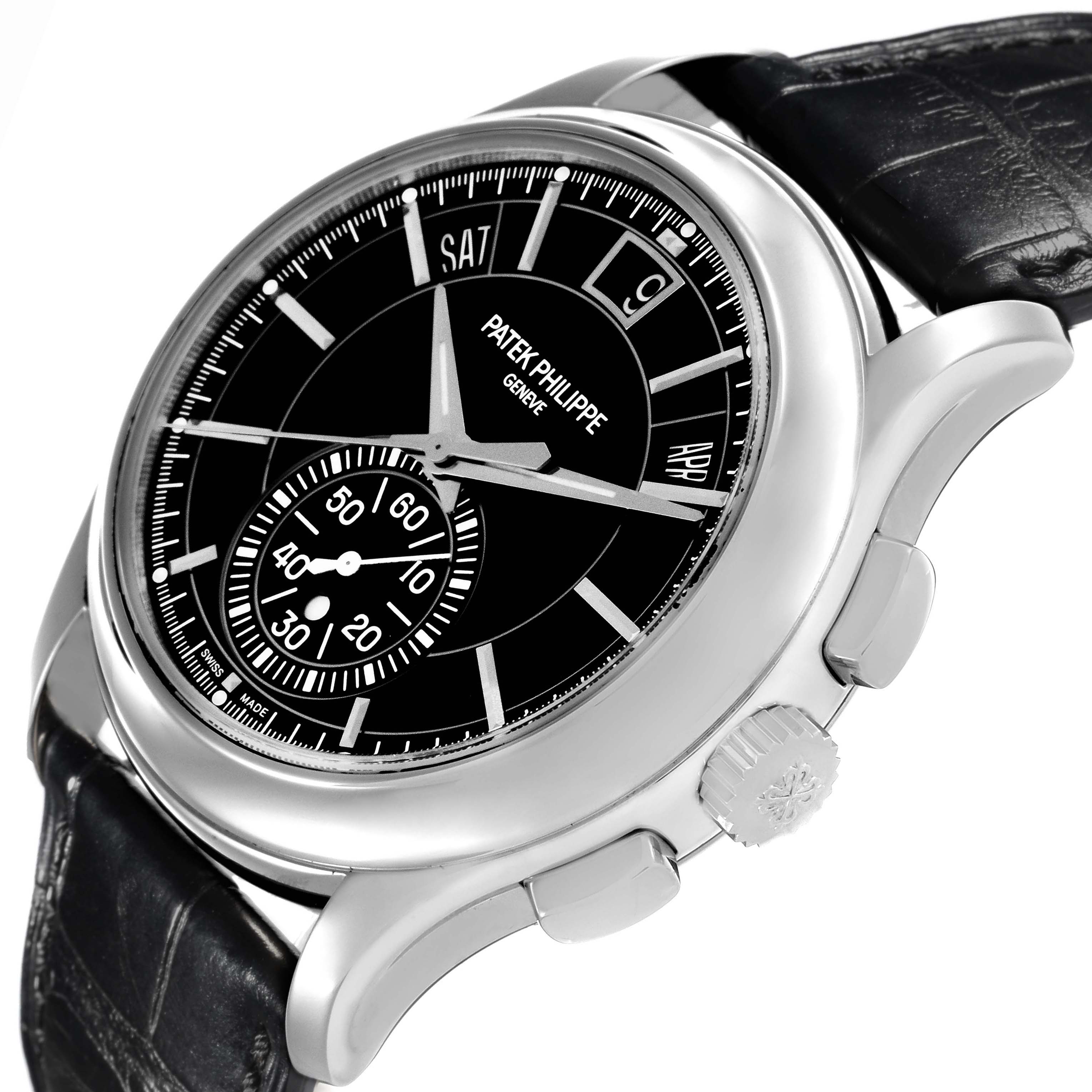 The Patek Philippe Complications 5905P - 010 Men's Platinum Black Dial watch is shown at an angled side view, highlighting its black dial, silver hands, and black leather strap.
