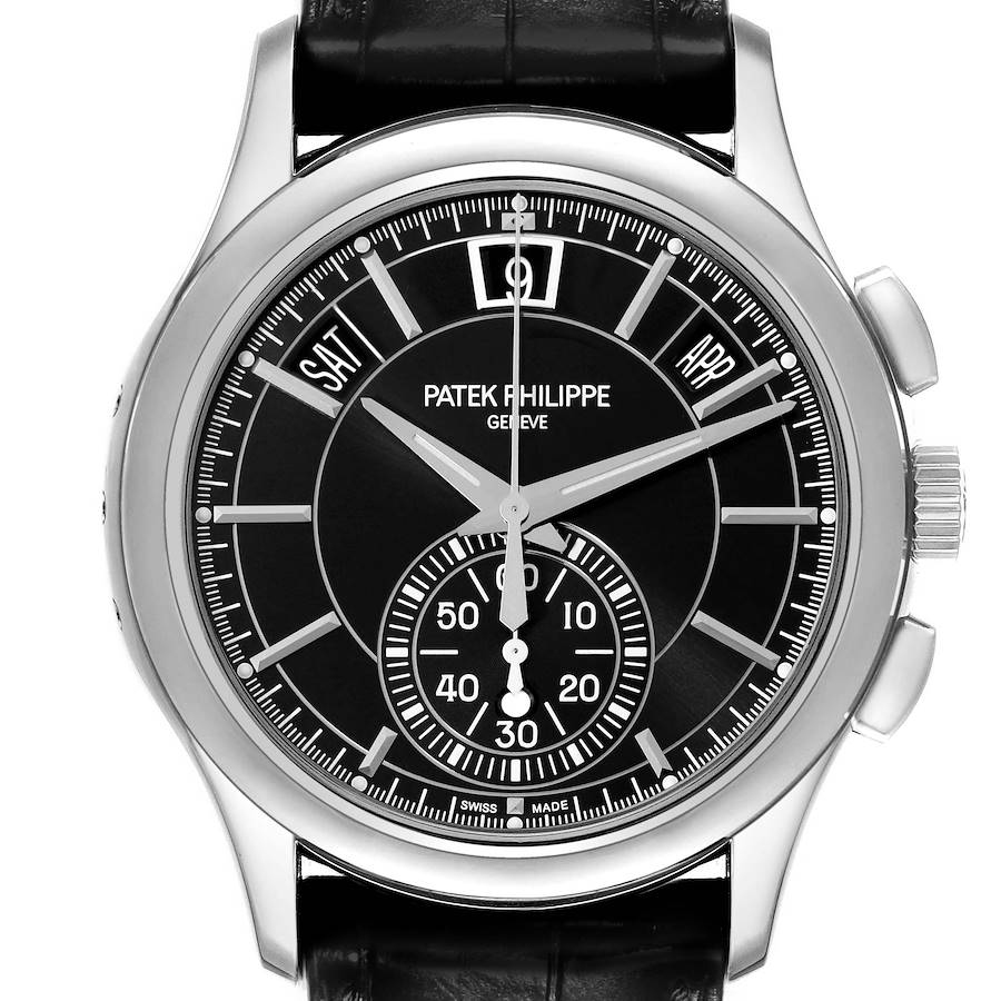 The Patek Philippe Complications watch is shown from the front, displaying the face, dials, and part of the leather strap.