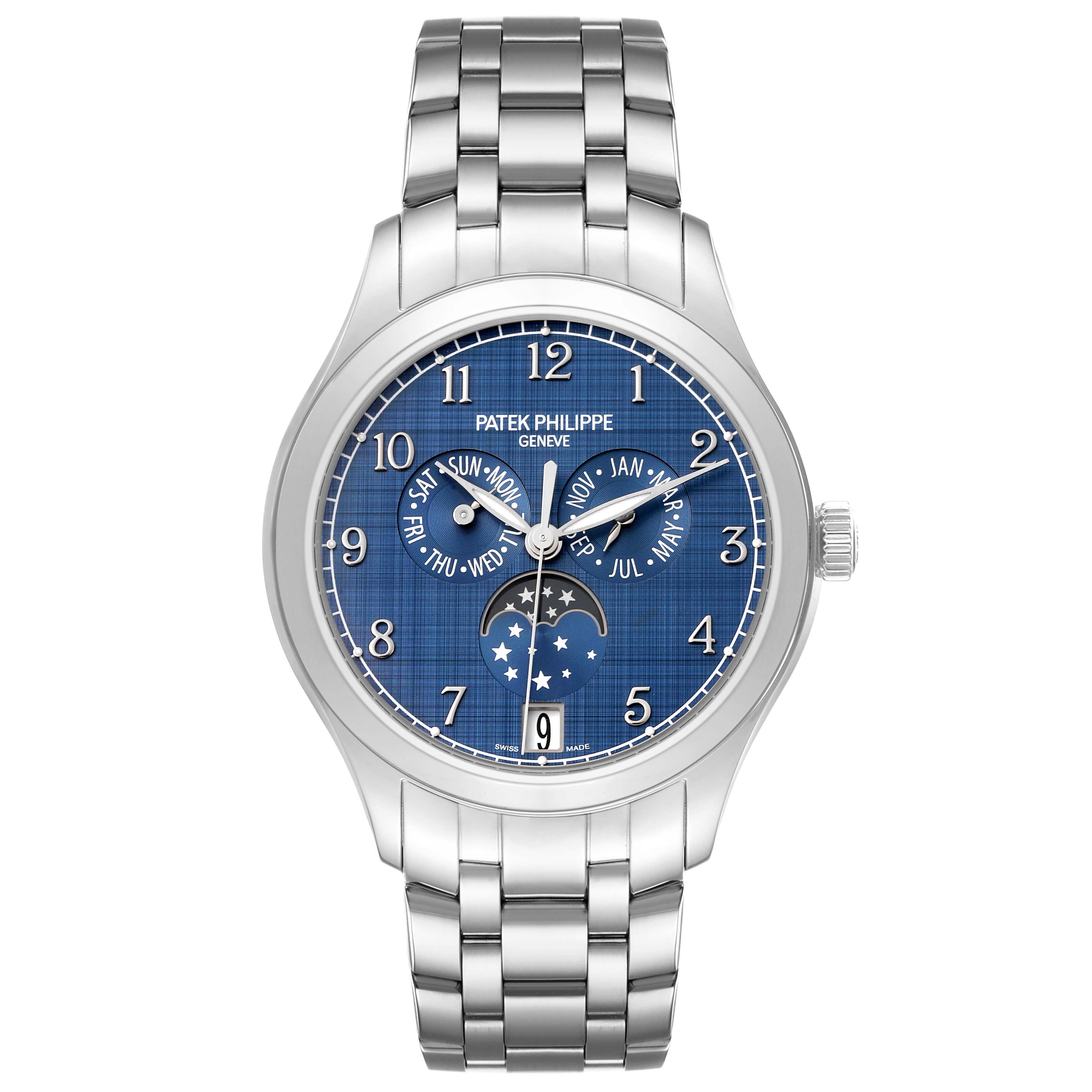 The Patek Philippe Complications 4947/1A-001 Men's Stainless Steel Blue Dial 4947/1A-001 Men's Stainless Steel Blue Dial watch is shown from the front, displaying the dial, hands, and metal bracelet.