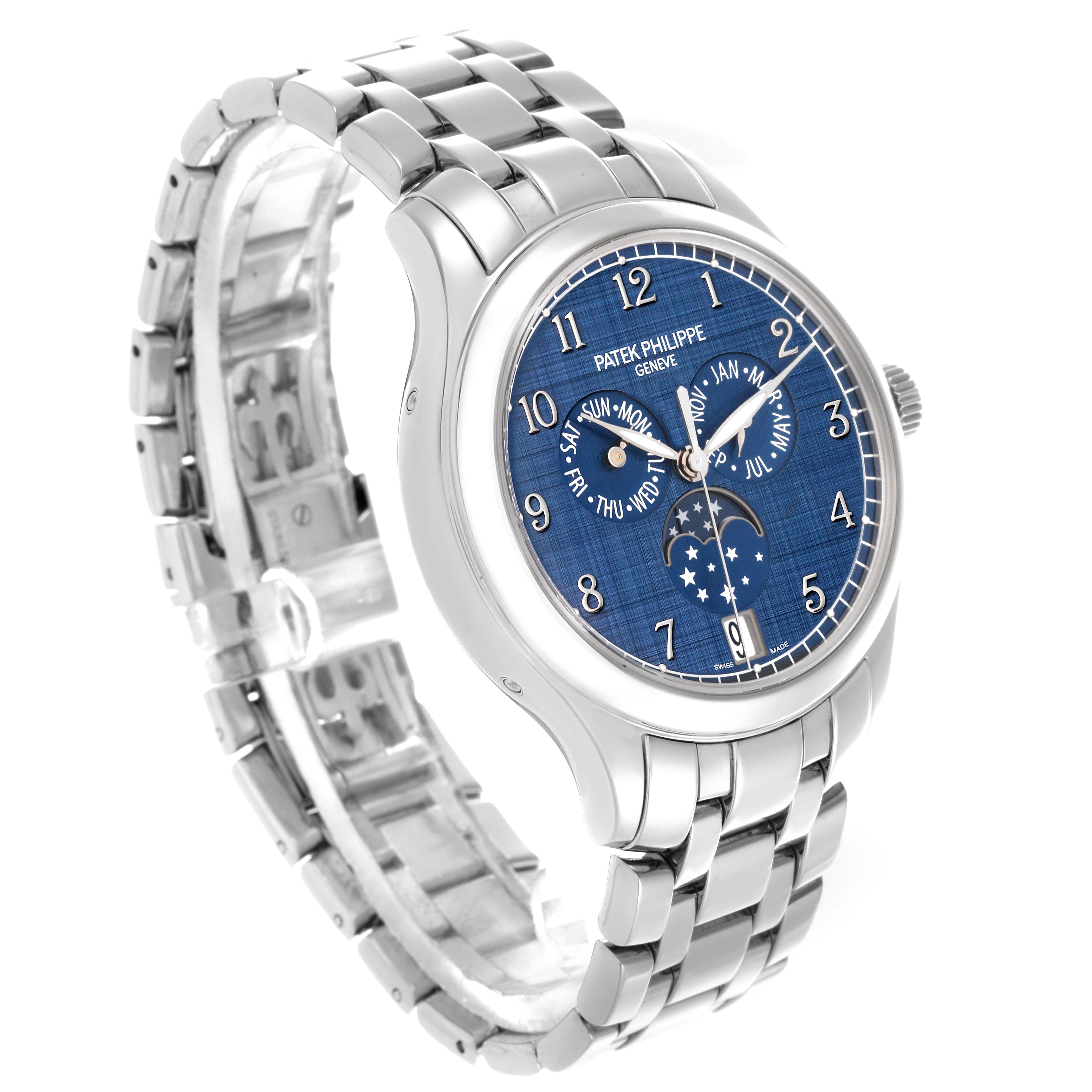 The Patek Philippe Complications 4947/1A-001 Men's Stainless Steel Blue Dial 4947/1A-001 Men's Stainless Steel Blue Dial watch is shown at a three-quarter angle, highlighting the face, crown, and full bracelet.