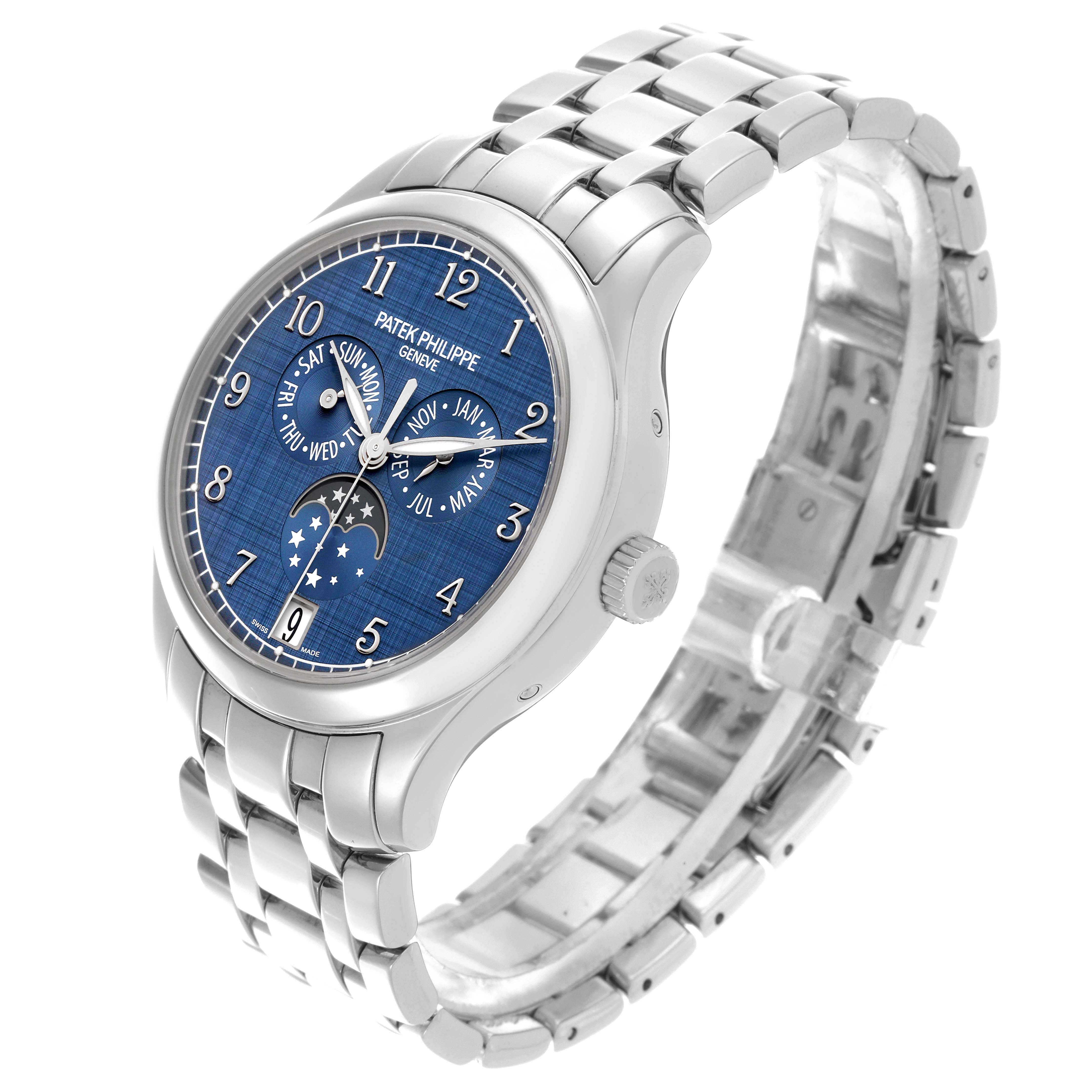 The Patek Philippe Complications 4947/1A-001 Men's Stainless Steel Blue Dial 4947/1A-001 Men's Stainless Steel Blue Dial watch is shown at a three-quarter angle, highlighting the dial, bezel, crown, and bracelet.