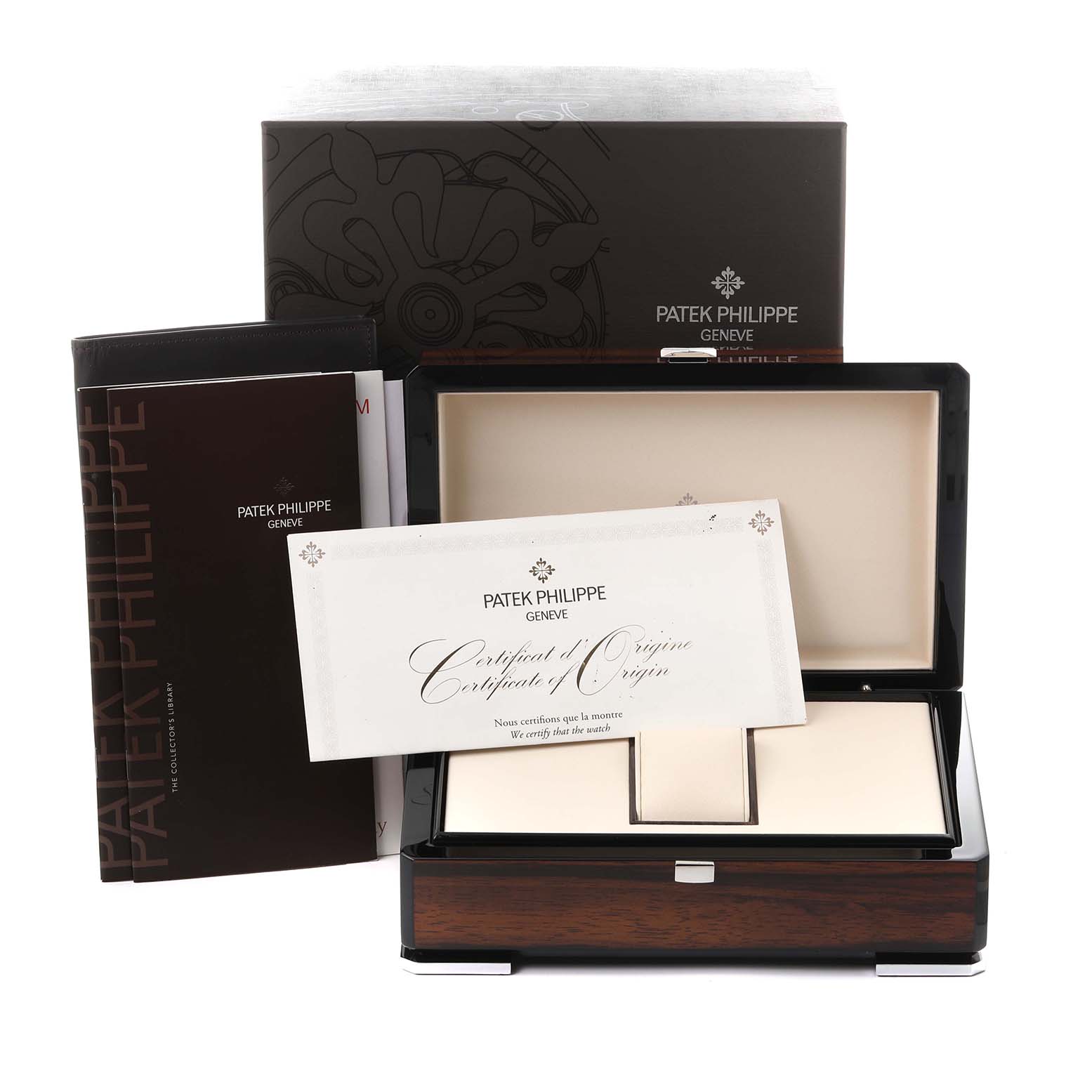 The image shows the packaging, display box, and certificate for a Patek Philippe Complications 4947/1A-001 Men's Stainless Steel Blue Dial 4947/1A-001 Men's Stainless Steel Blue Dial watch.