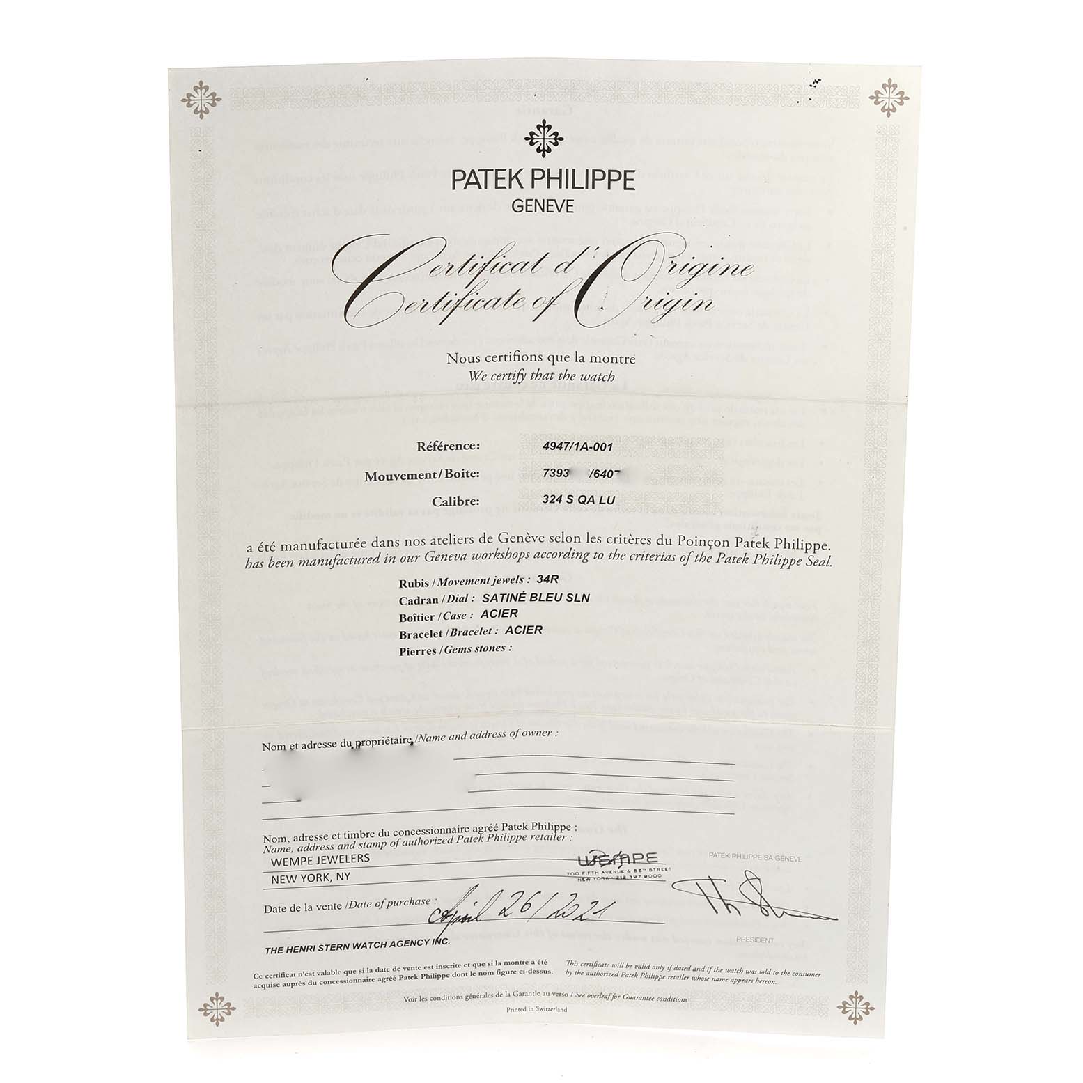 The image shows a Certificate of Origin for the Patek Philippe Complications 4947/1A-001 Men's Stainless Steel Blue Dial 4947/1A-001 Men's Stainless Steel Blue Dial model, detailing specifications and authenticity.