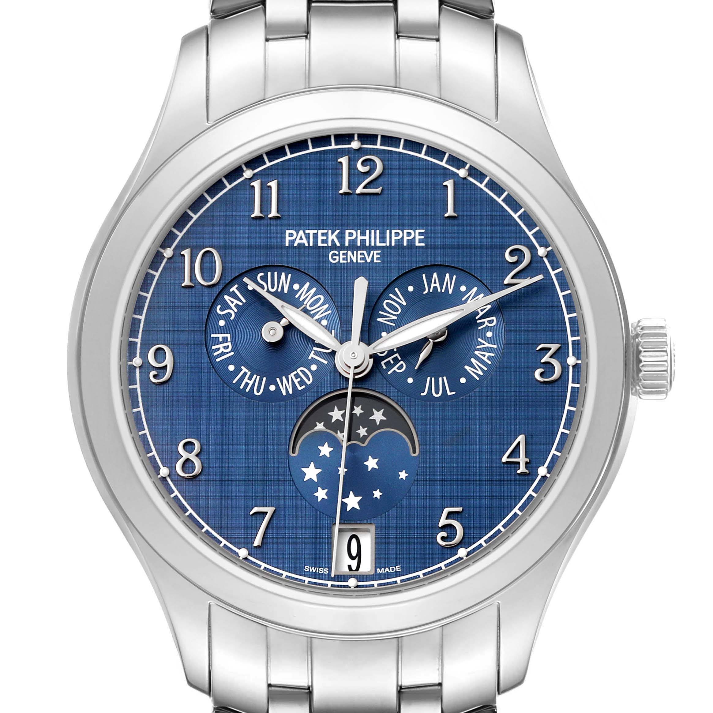 The Patek Philippe Complications 4947/1A-001 Men's Stainless Steel Blue Dial 4947/1A-001 Men's Stainless Steel Blue Dial watch is shown from the front, displaying the dial, calendar subdials, and moon phase.