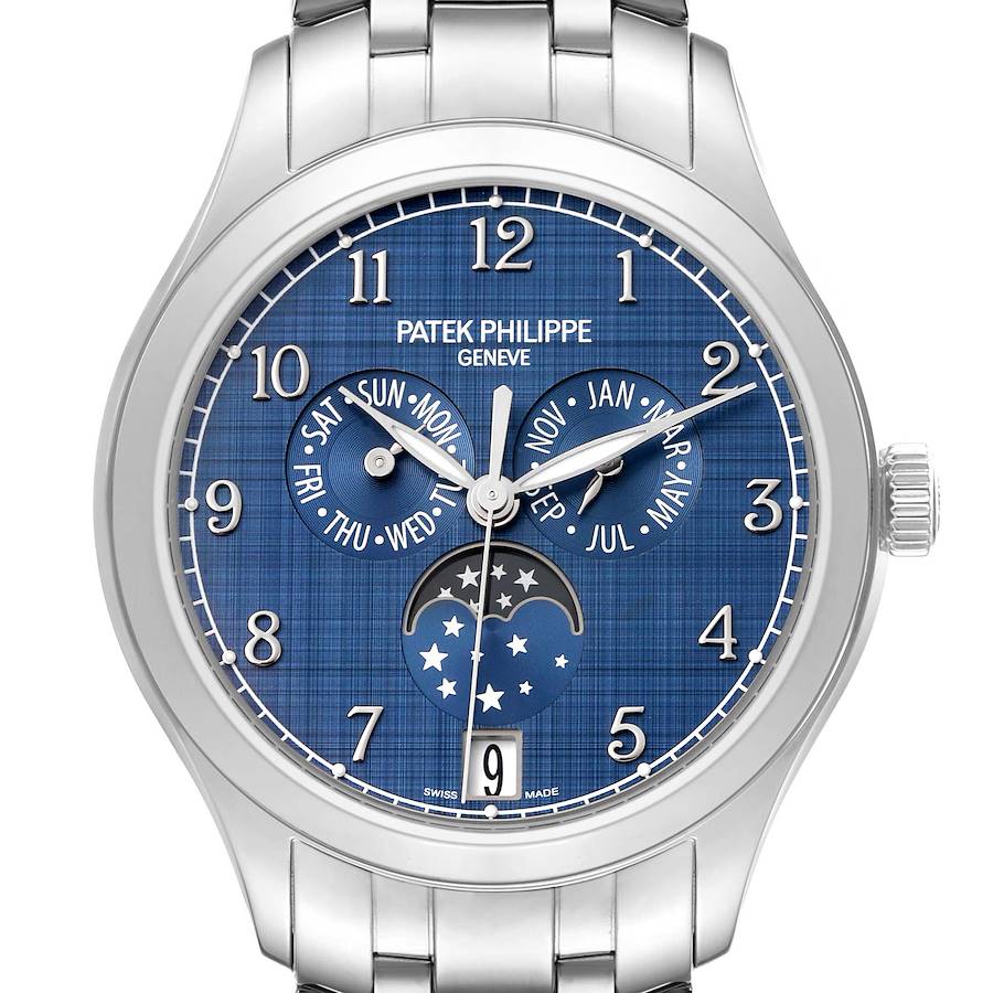 The Patek Philippe Complications watch is shown from the front, displaying the dial, calendar subdials, and moon phase.