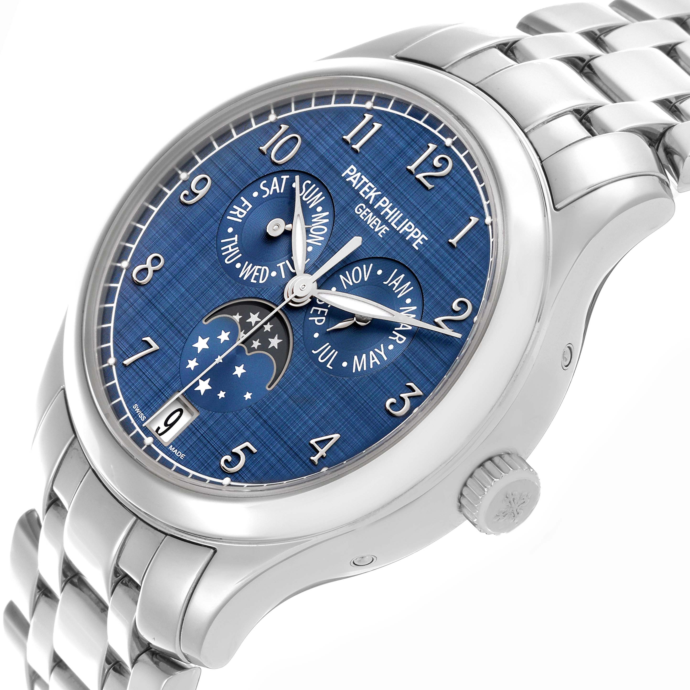 The Patek Philippe Complications 4947/1A-001 Men's Stainless Steel Blue Dial 4947/1A-001 Men's Stainless Steel Blue Dial model is shown at a slight angle displaying the face, including the moon phase, subdials, and bracelet.