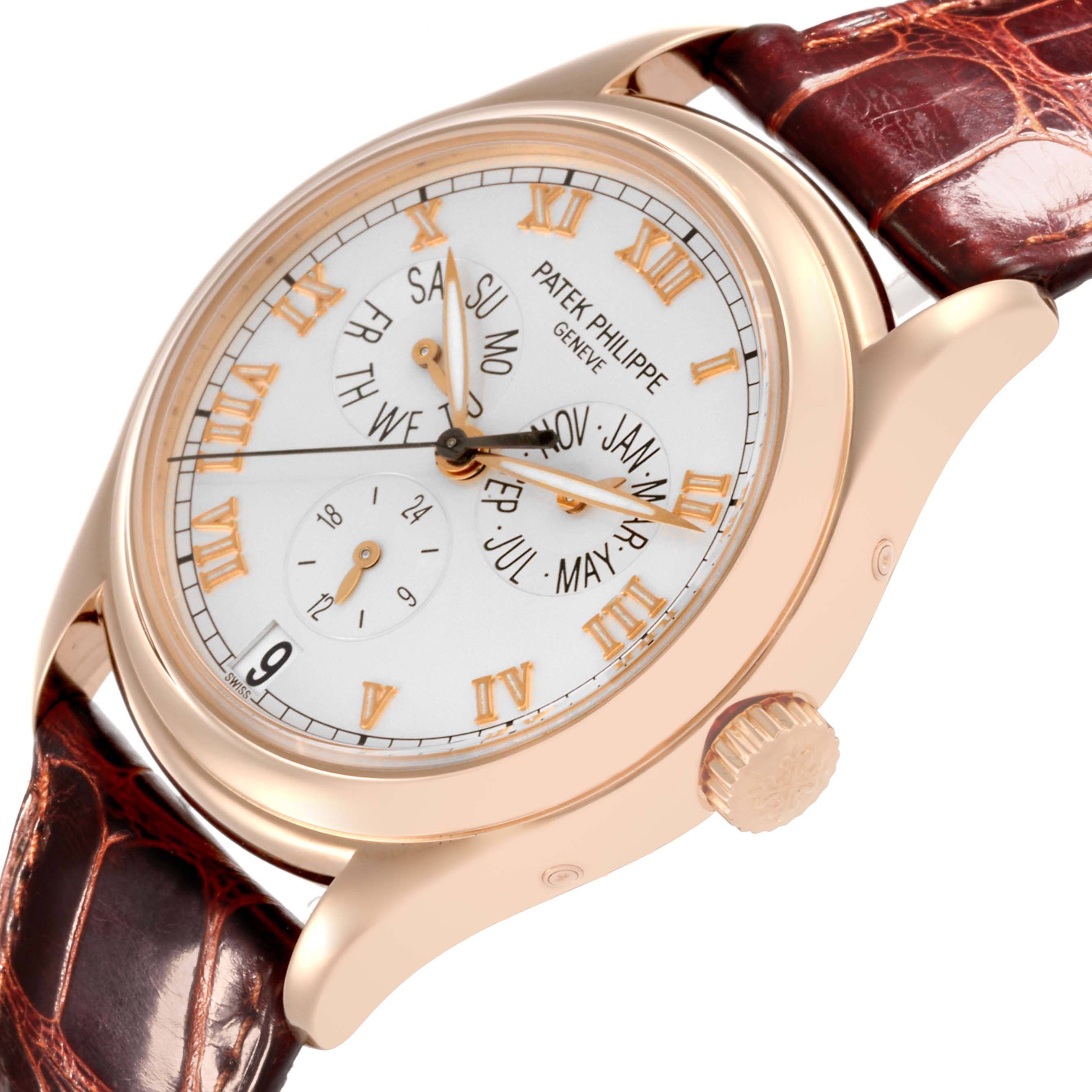 The Patek Philippe Complications 5035R-001 Men
s Rose Gold Silver Dial 5035R-001 Men
s Rose Gold Silver Dial watch is shown at a slight angle, displaying the face, crown, and a partial view of the strap.
