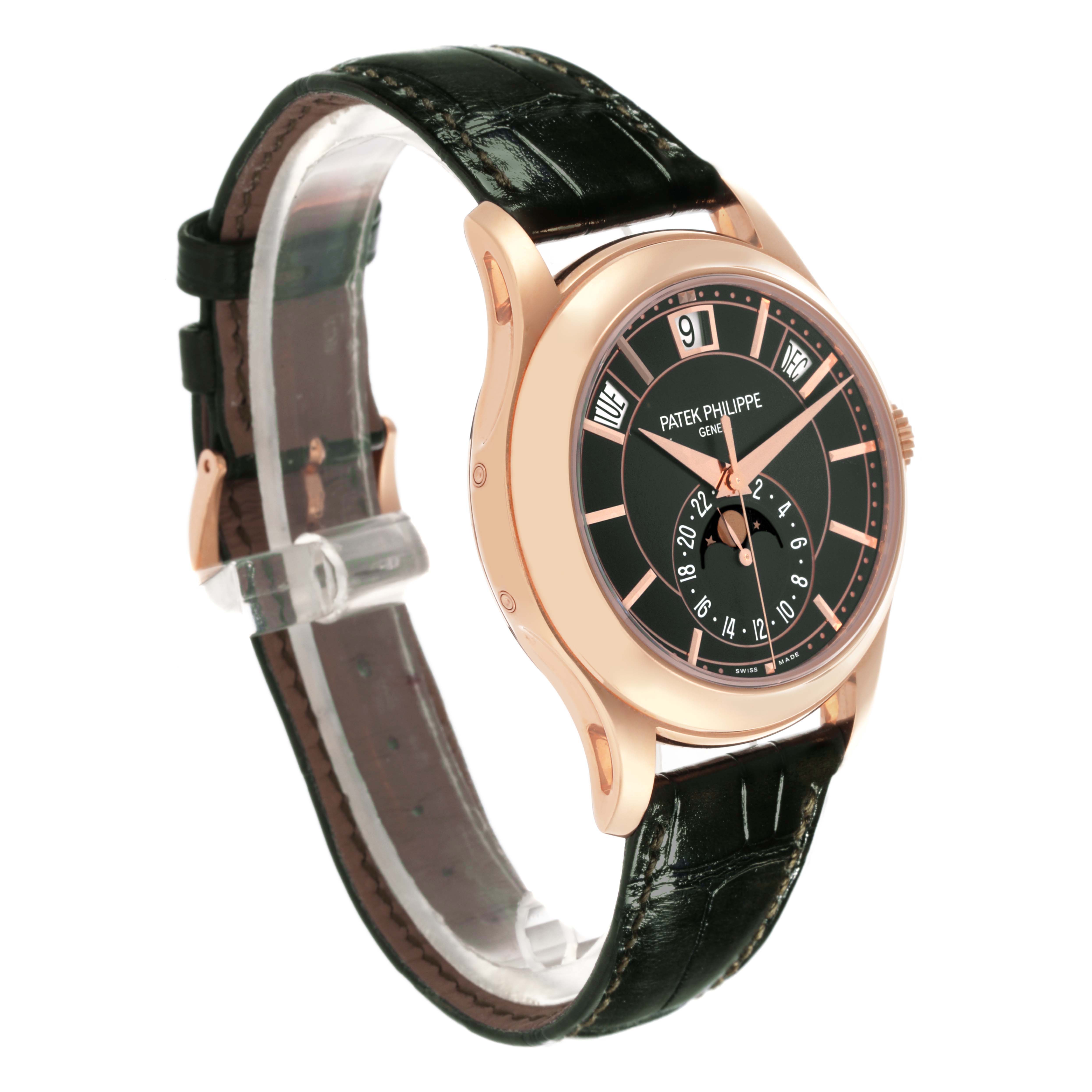 The Patek Philippe Complications 5205R - 011 Men's Rose Gold Green Dial 5205R - 011 Men's Rose Gold Green Dial watch is shown at a three-quarter angle, highlighting the face, bezel, case, and strap.