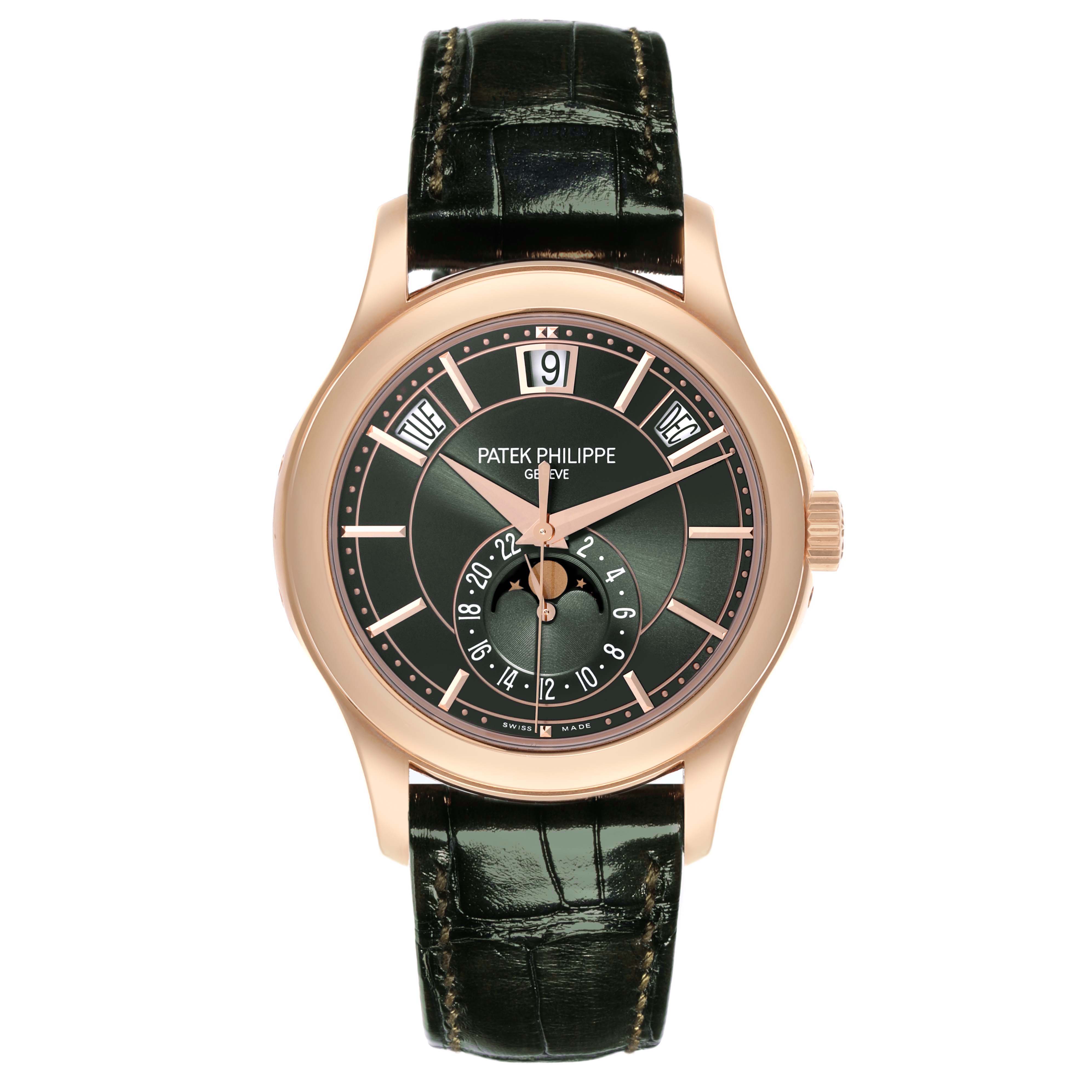 The Patek Philippe Complications 5205R - 011 Men's Rose Gold Green Dial 5205R - 011 Men's Rose Gold Green Dial watch is shown from a front view, highlighting the dial, case, and leather strap.