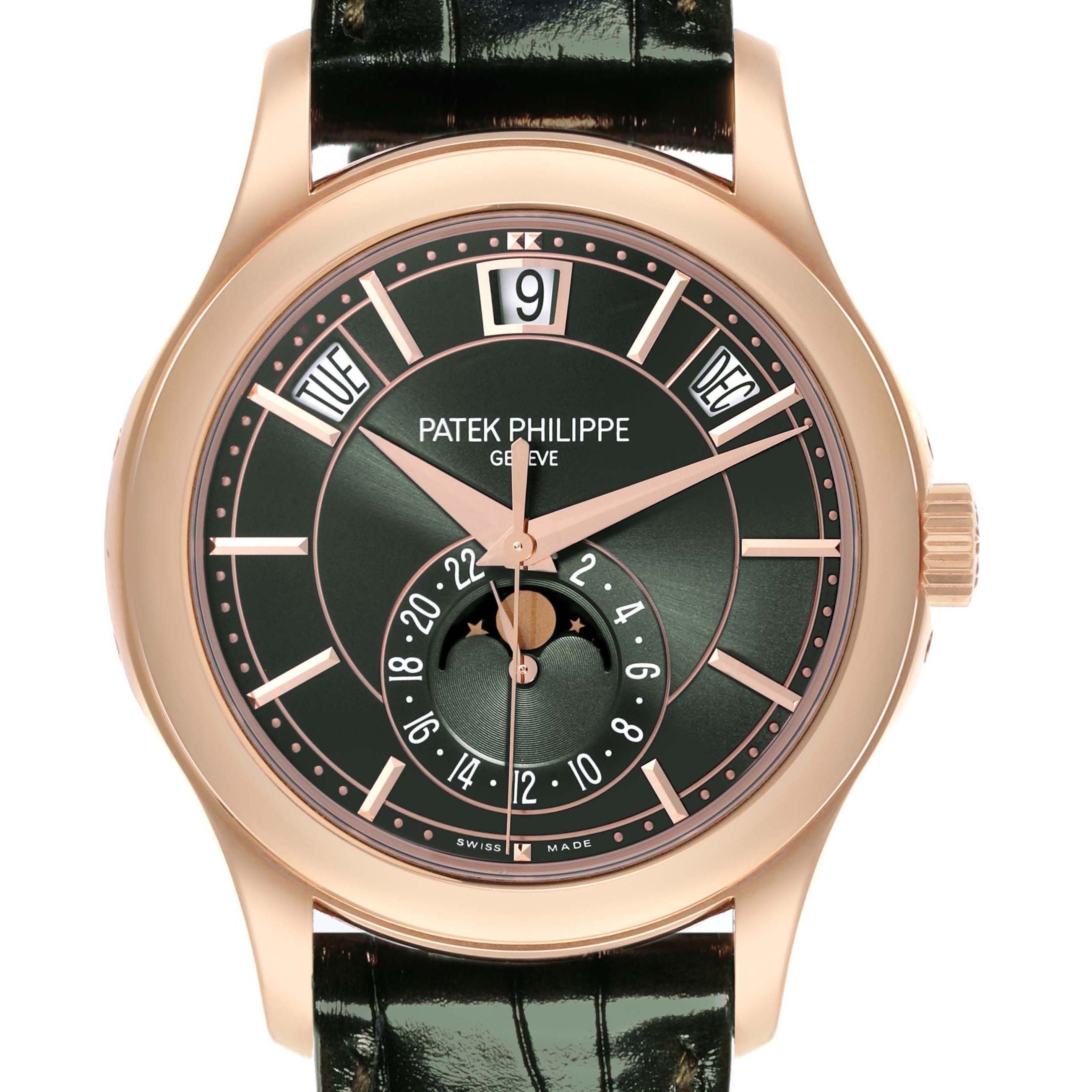 The image shows a front view of the Patek Philippe Complications 5205R - 011 Men's Rose Gold Green Dial 5205R - 011 Men's Rose Gold Green Dial model, showcasing its dial, hands, and calendar functions.