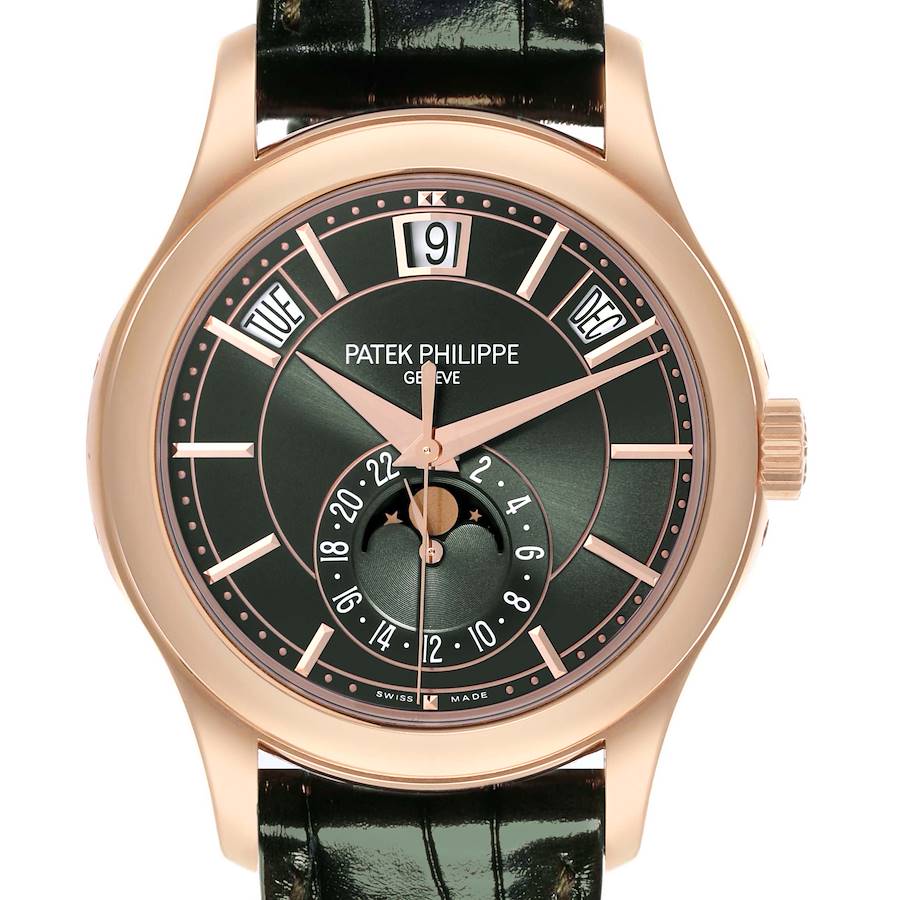 The image shows a front view of the Patek Philippe Complications model, showcasing its dial, hands, and calendar functions.