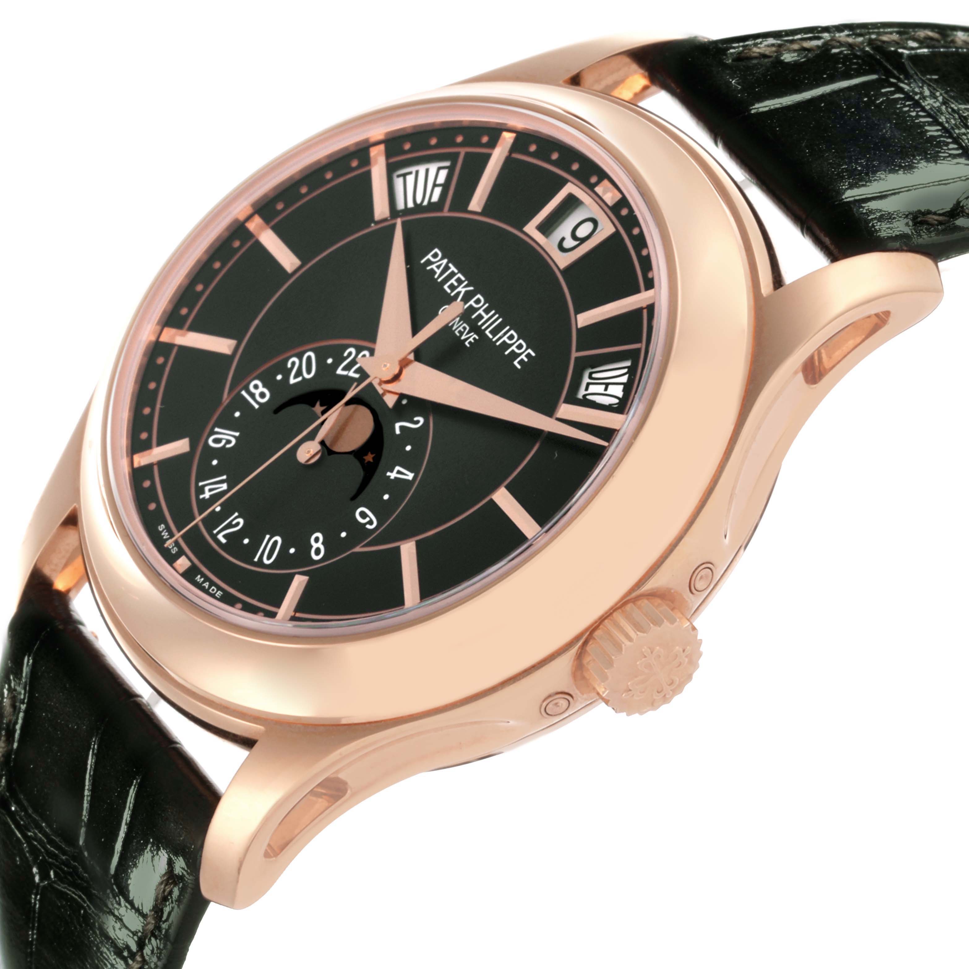The Patek Philippe Complications 5205R - 011 Men's Rose Gold Green Dial 5205R - 011 Men's Rose Gold Green Dial watch is shown from a side angle, highlighting its rose gold case, crown, and black strap.