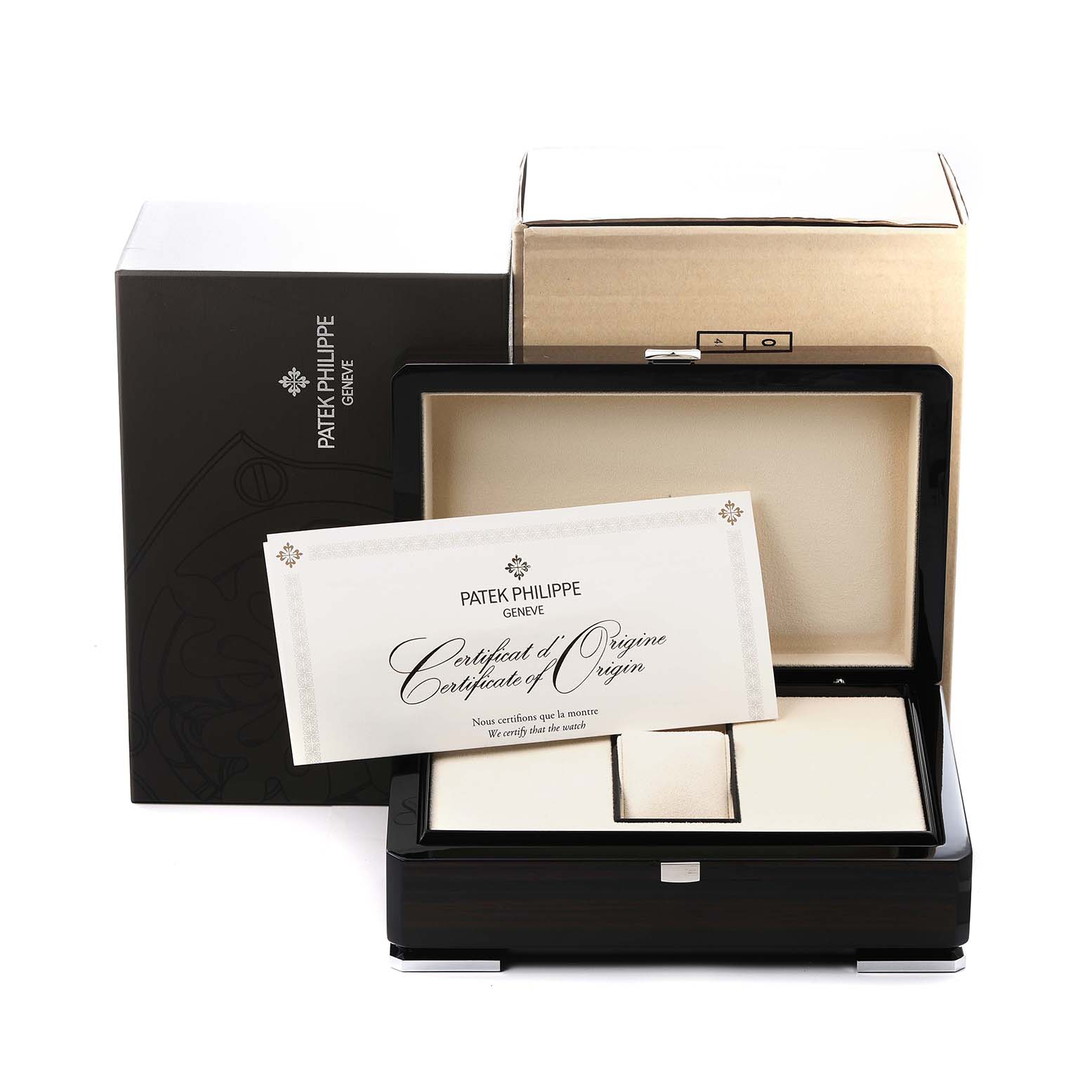 The image shows a Patek Philippe Complications 5146R-001 Men's Rose Gold White Dial watch box, open with a certificate of origin inside.